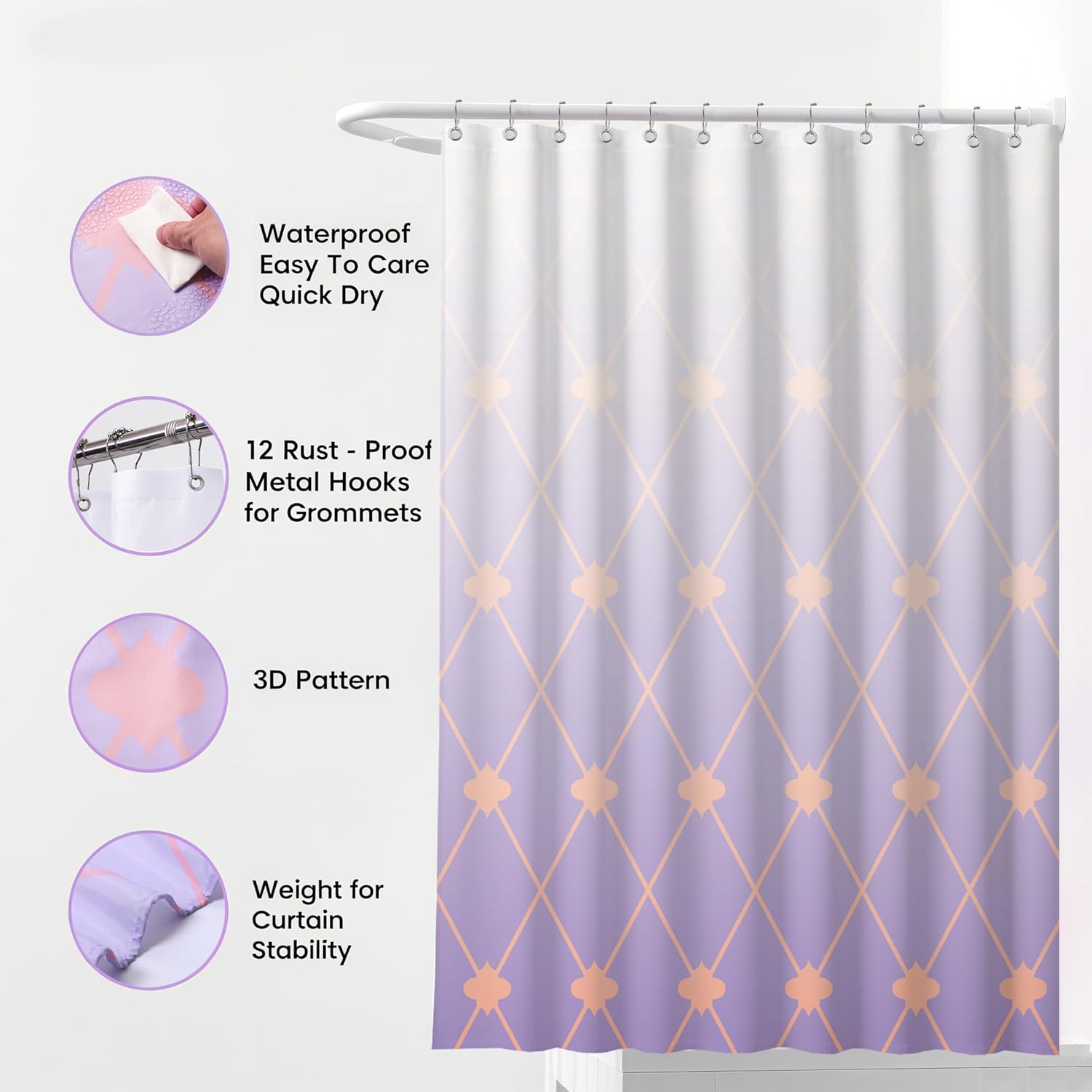 パープルバスルームセット シャワーカーテンとラグ付き 25点、バスルームアクセサリーセット - ゴミ箱、ソープディスペンサー、ソープ