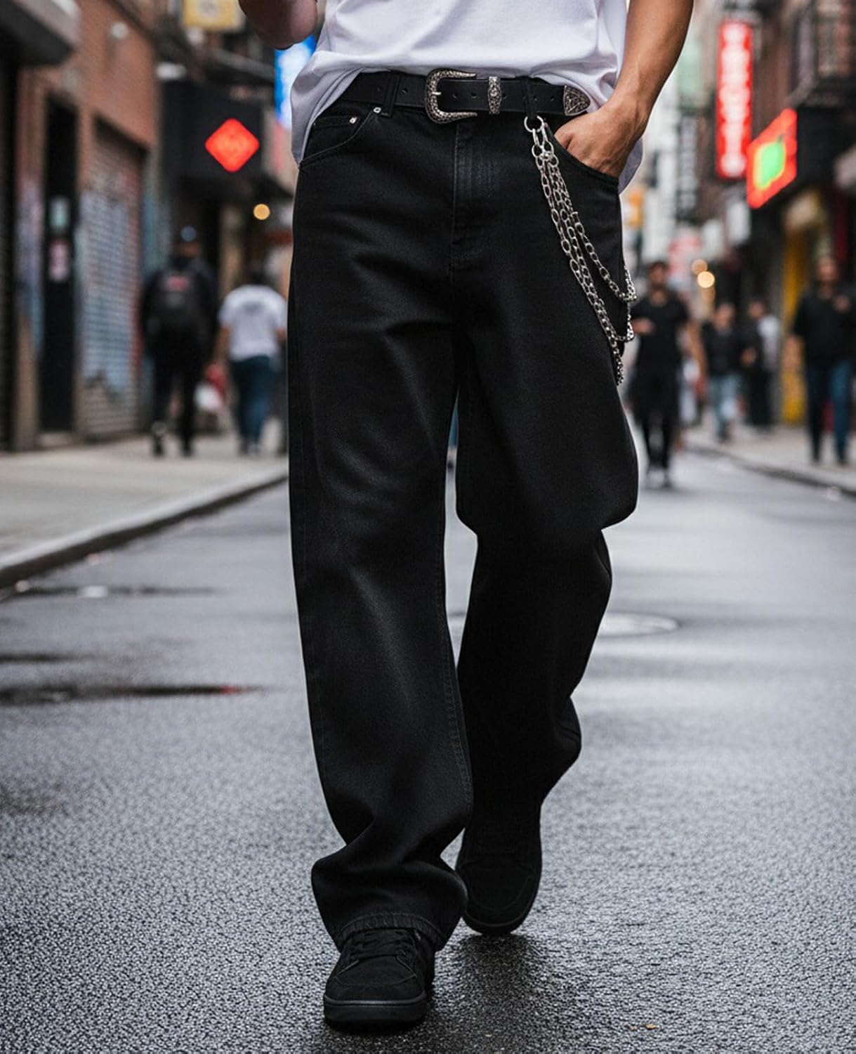 ALLABREVE Men's Baggy Hip Hop Jeans Wide Leg Skater Denim Pants Casual Loose Fit Long Trousers Streetwear - Image 2