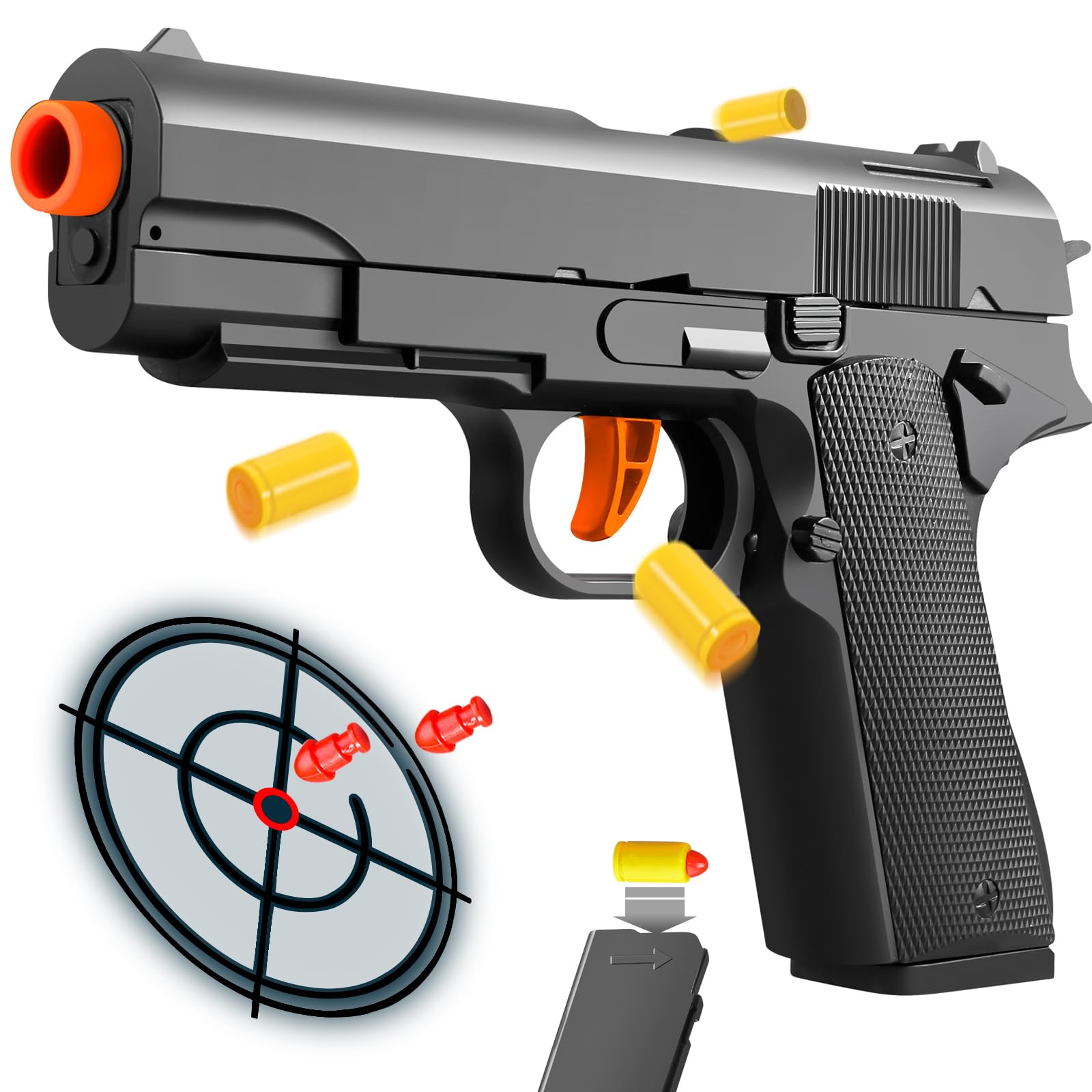 Semi-Automatic Look Real Toy Red Gun with Ejecting Pistol Toys Play Blaster Realistic Model Gun Soft Bullet Gift Gun with Ejection Shell Bullets Fake Gun Model Quick Shoot Game