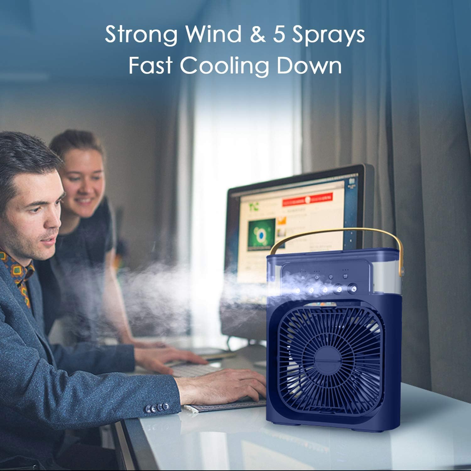 Ventilador portátil de aire acondicionado, enfriador de aire alimentado por USB, humidificador, enfriador de aire pequeño con 7 LED y 3 velocidades, ventilador de refrigeración ultrasilencioso para — view 4