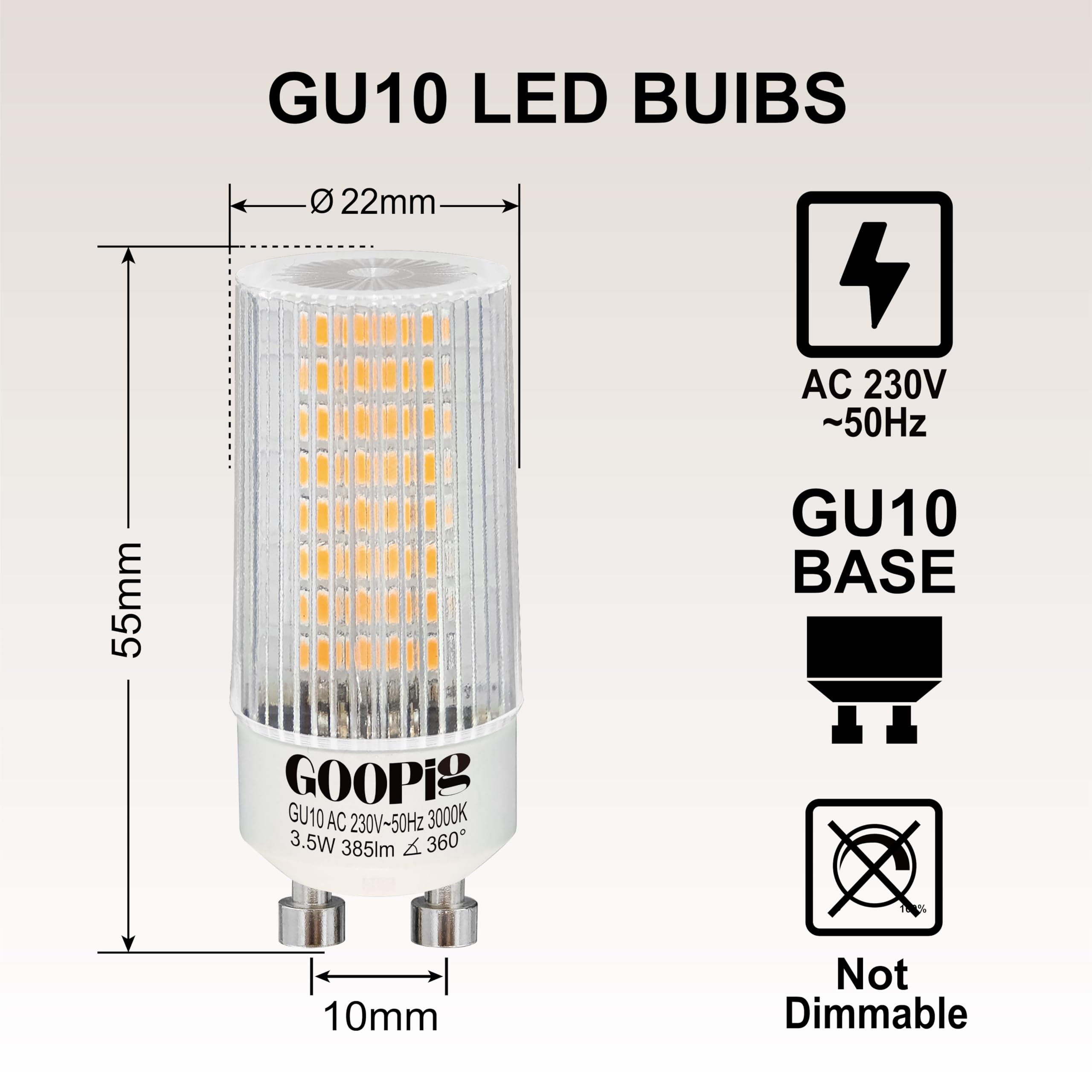 Goopig GU10 LED Corn Bulbs 3.5 W Warm White 3000 K, Equivalent to 50 W Halogen Lamp, Pack of 6, 385 Lumens - Image 2