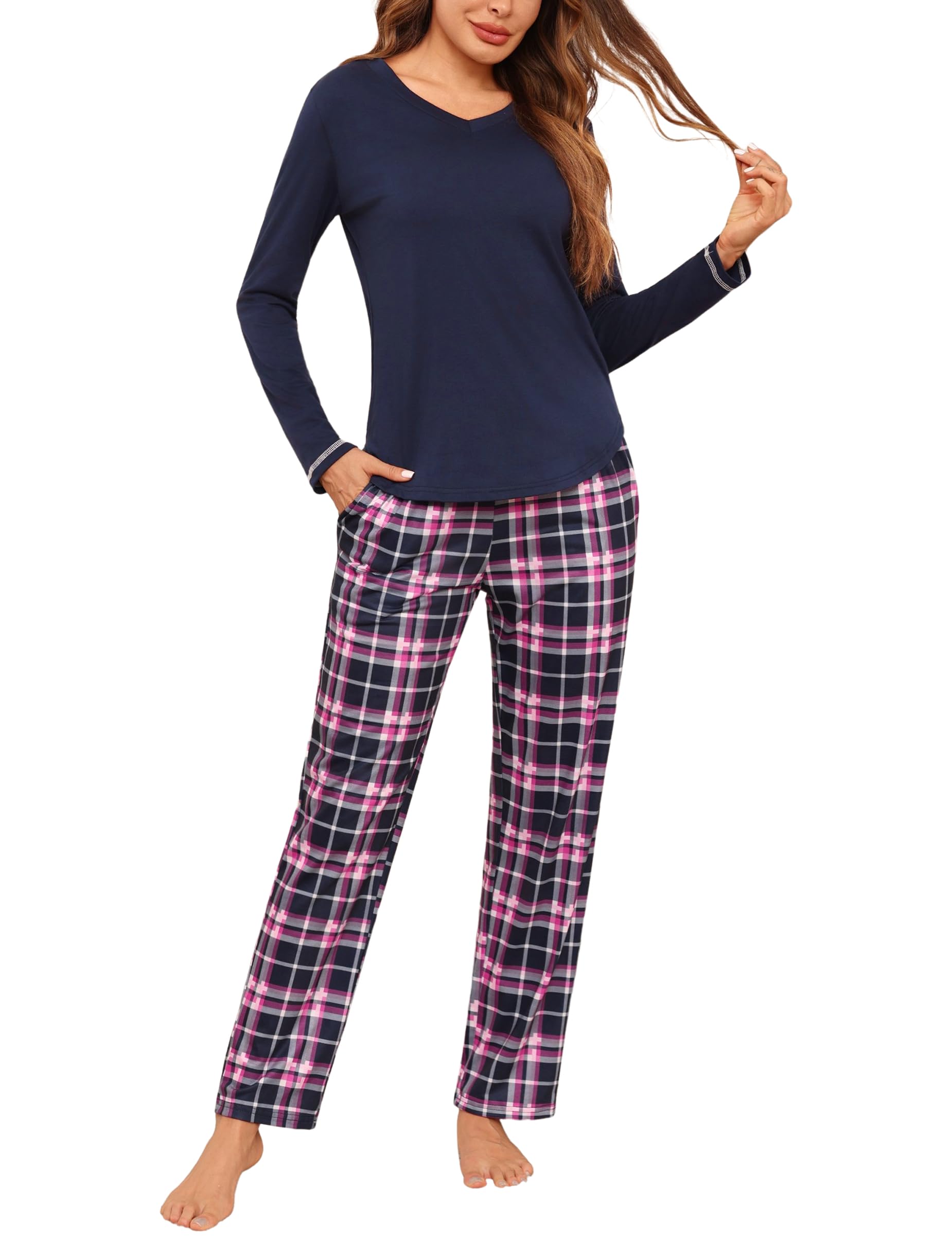 Litherday Pigiama Donna Invernale in Cotone Due Pezzi con Maglia a Manica Lunga e Pantaloni a Quadri Scollo a V Comodo per Casa Autunno Inverno S-XXL