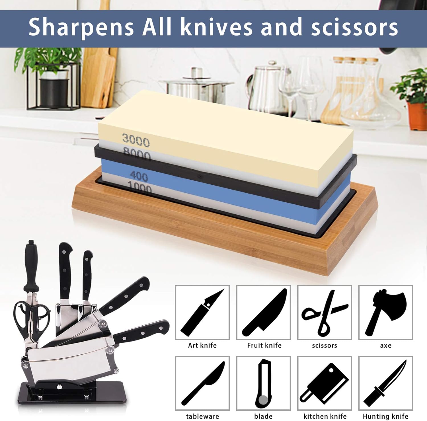 Sharpening Stone Whetstone Set 4 Side Grit 400/1000 3000/8000, Professional Whetstone Knife Sharpener, Knife Sharpening Stone Kit with Bamboo Base, Flatting Stone, Angle Guide & Leather Strop : Tools & Home Improvement