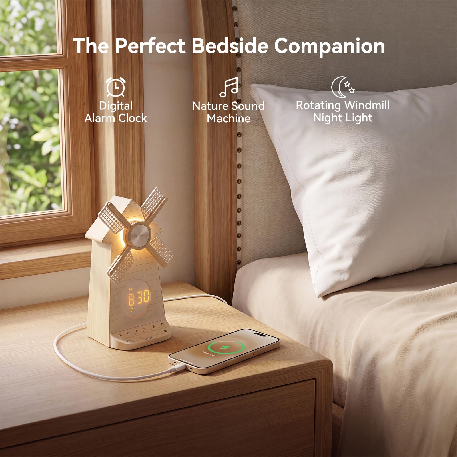 RETEYUNG Despertador Molino Viento Giratorio Amanecer, Puerto Carga USB | Reloj Despertador, Luz Nocturna, Alarma LED con Función Snooze, 20 Sonidos Relajantes, Regalo para Niños y Adultos