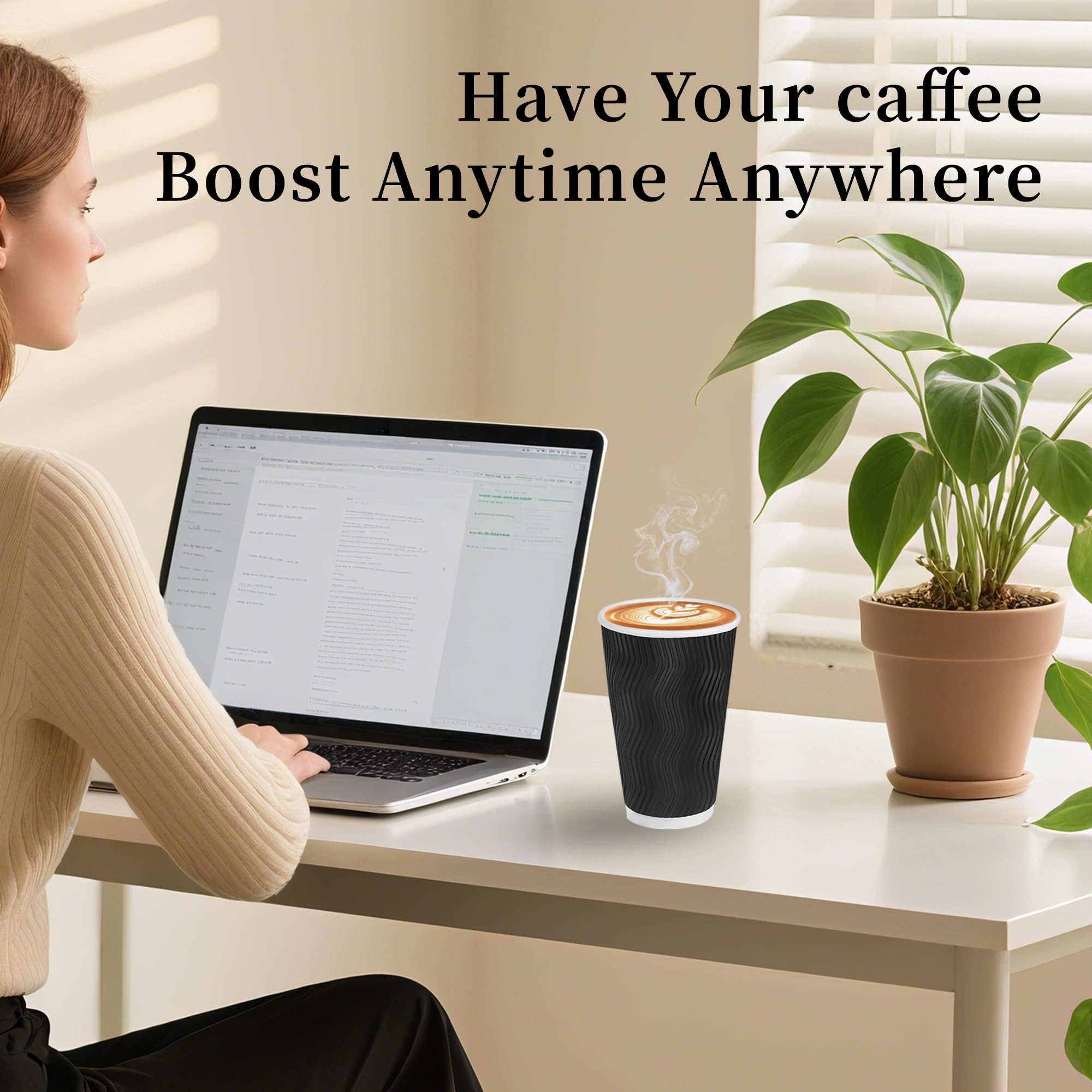 100 Set - 16 oz Coffee Cups with Lids, Disposable Insulated Corrugated Paper Cups, Double Wall Ripple To Go Cups for Hot Drinks, Chocolate, Cocoa (Black)