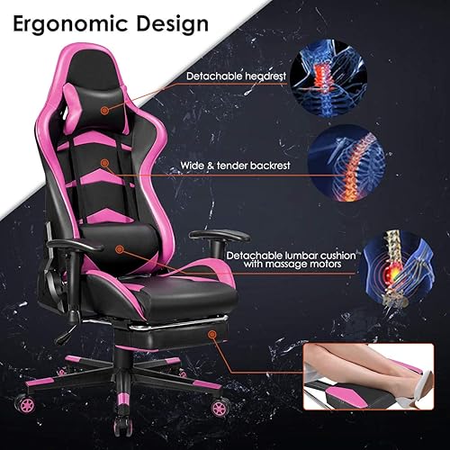 Miniatura 5 de GOFLAME Silla de juegos de estilo de carreras, silla ergonómica giratoria para computadora con reposacabezas y soporte lumbar, silla de masaje de
