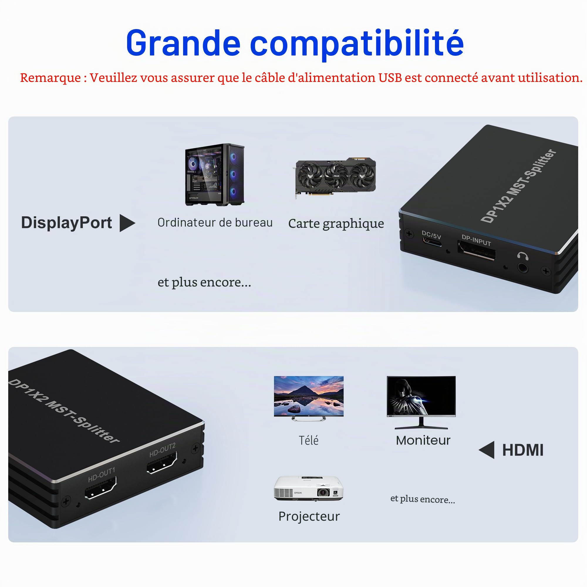 Adaptateur DisplayPort vers HDMI Dual - Répartiteur DP pour écrans doubles 4K @60 Hz avec écran étendu MST 1 en 2 sorties Hub pour PC, carte graphique et plus