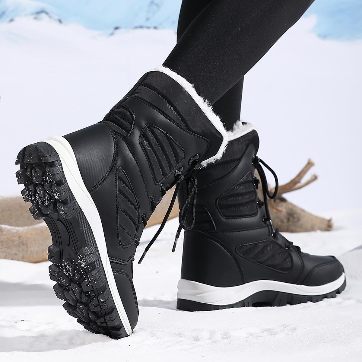 Jakcuz Women Snow Boots High Top Non-slip Waterproof Lace-up Winter Boots with Faux Fur Lined
