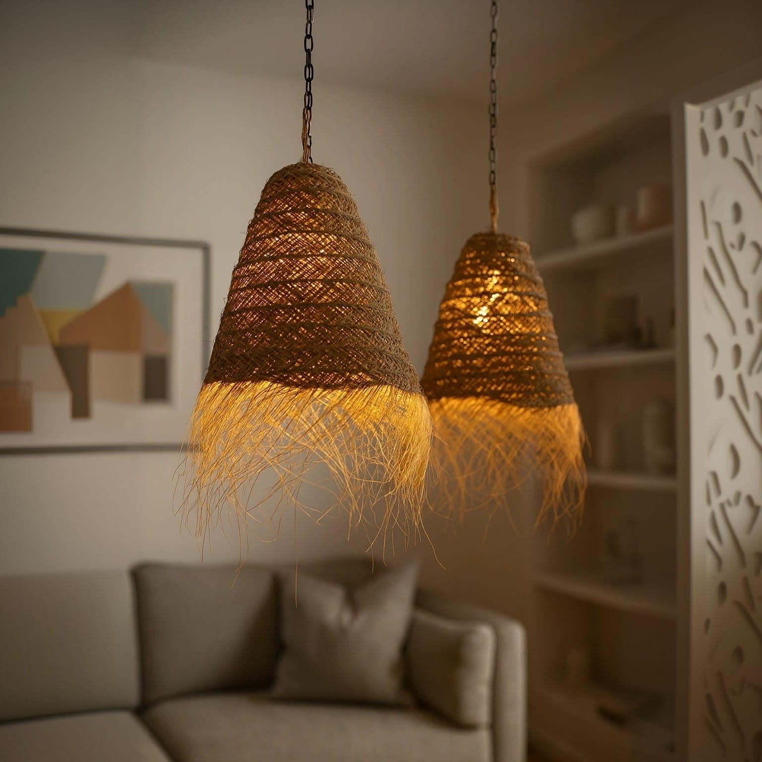 Generico Lampadario a Sospensione in Paglia Artigianale Marocchino: Stile Etnico, Illuminazione Naturale e Accogliente 2403211007 Rattan Vimini Giunco Bambù Senza Impianto Elettrico
