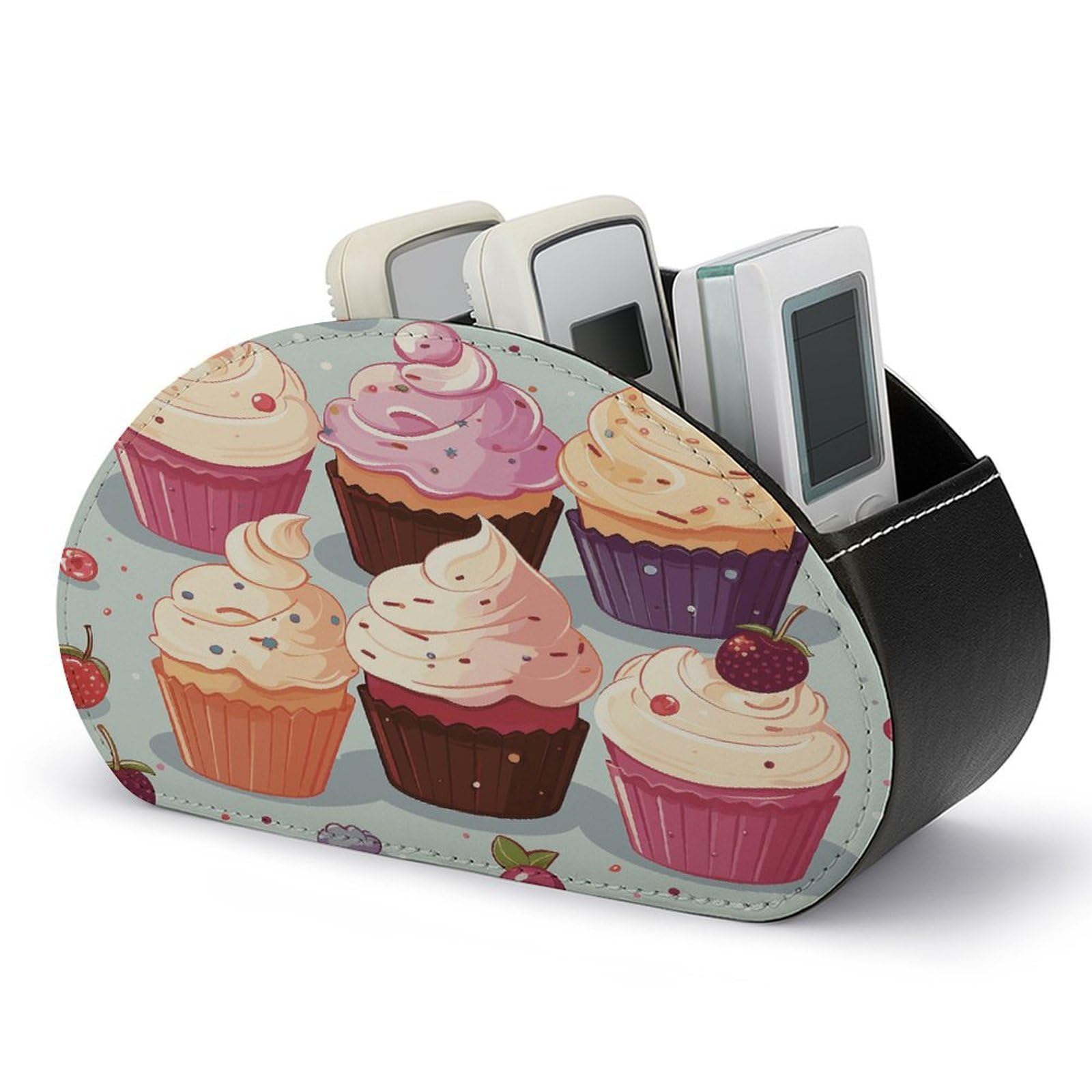 VstaDank Delicious Cupcakes Remote Control Holder with 5 Compartments Pu Leather TV Remote Caddy Storage Box Desktop Organizer Store Controller DVD Brush Pens Glasses&Office Supplies