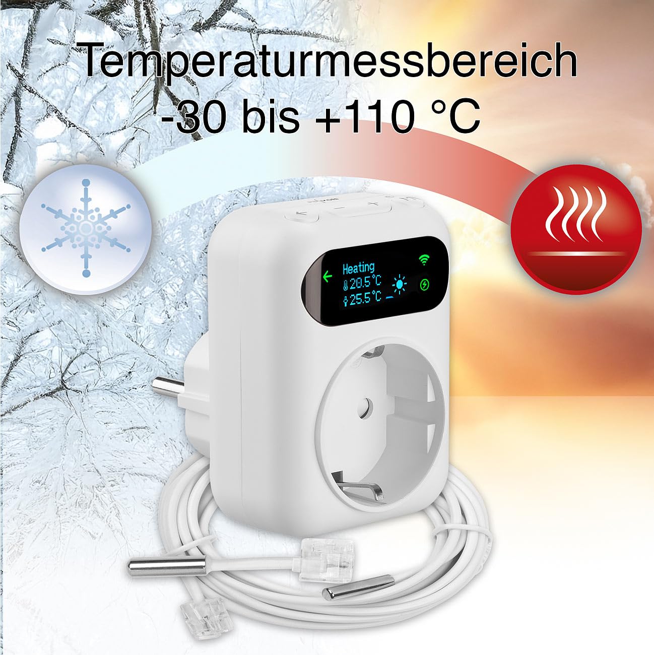 revolt Termostato Wi-Fi Alexa: Set da 2 Termostato Wi-Fi per prese, per dispositivi di riscaldamento e climatizzazione, App (presa termostatica con sensore, presa smart home, LAN)