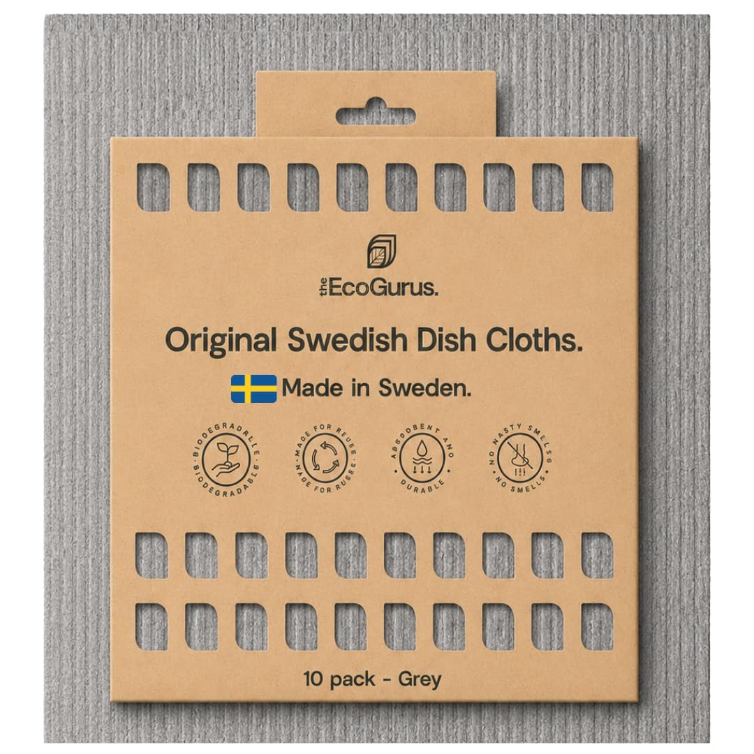 The EcoGurus 10 Pack Odour-Resistant Reusable Cleaning Cloths | Original Swedish Dishcloth | Made in Sweden | Suitable for All Surfaces | Biodegradable Cellulose Sponge | Kitchen & Bathroom | Grey