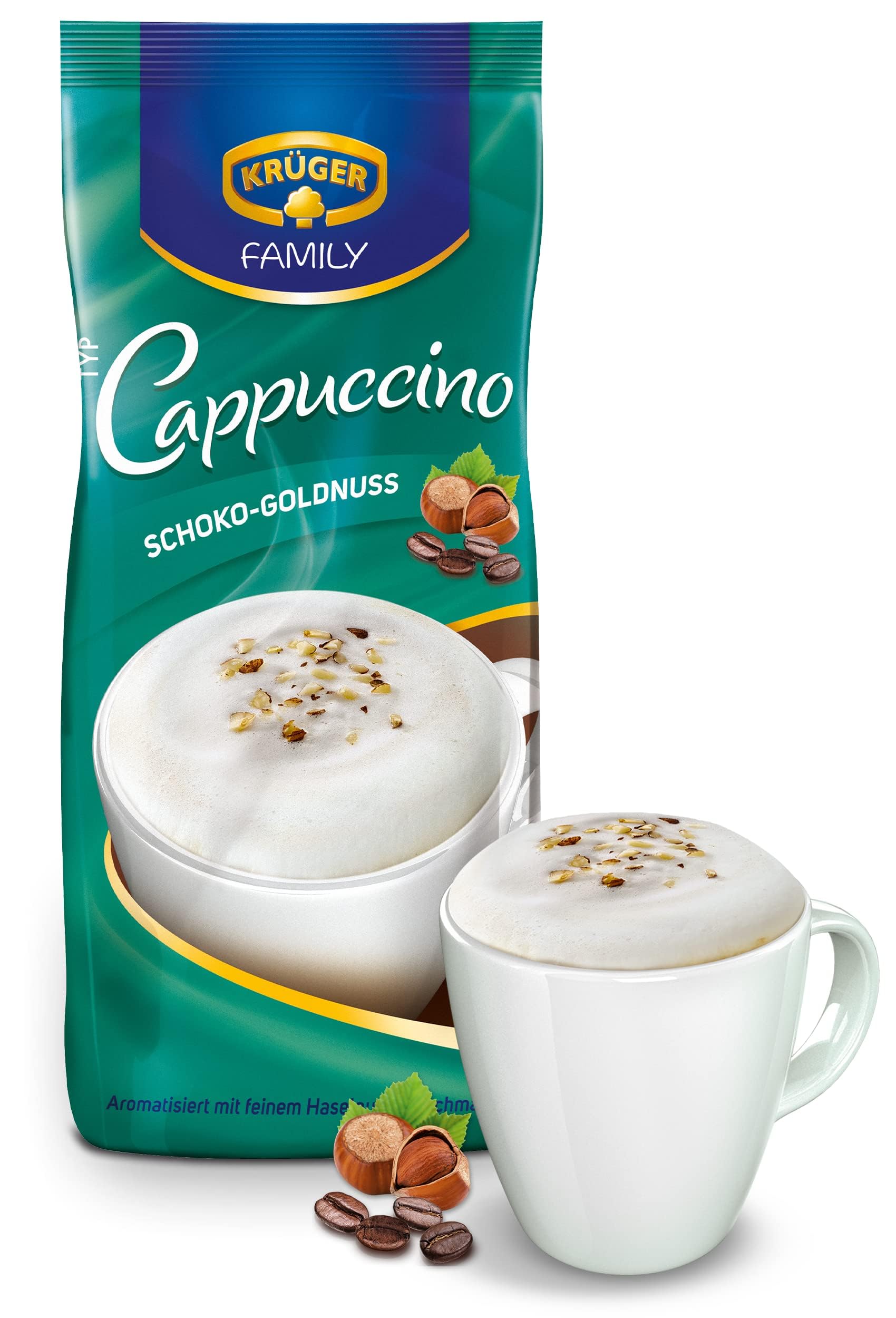 KRÜGER Family Cappuccino Schoko-Goldnuss, aromatisiertes Getränkepulver mit löslichem Bohnenkaffee, koffeinhaltig, 500 g Beutel