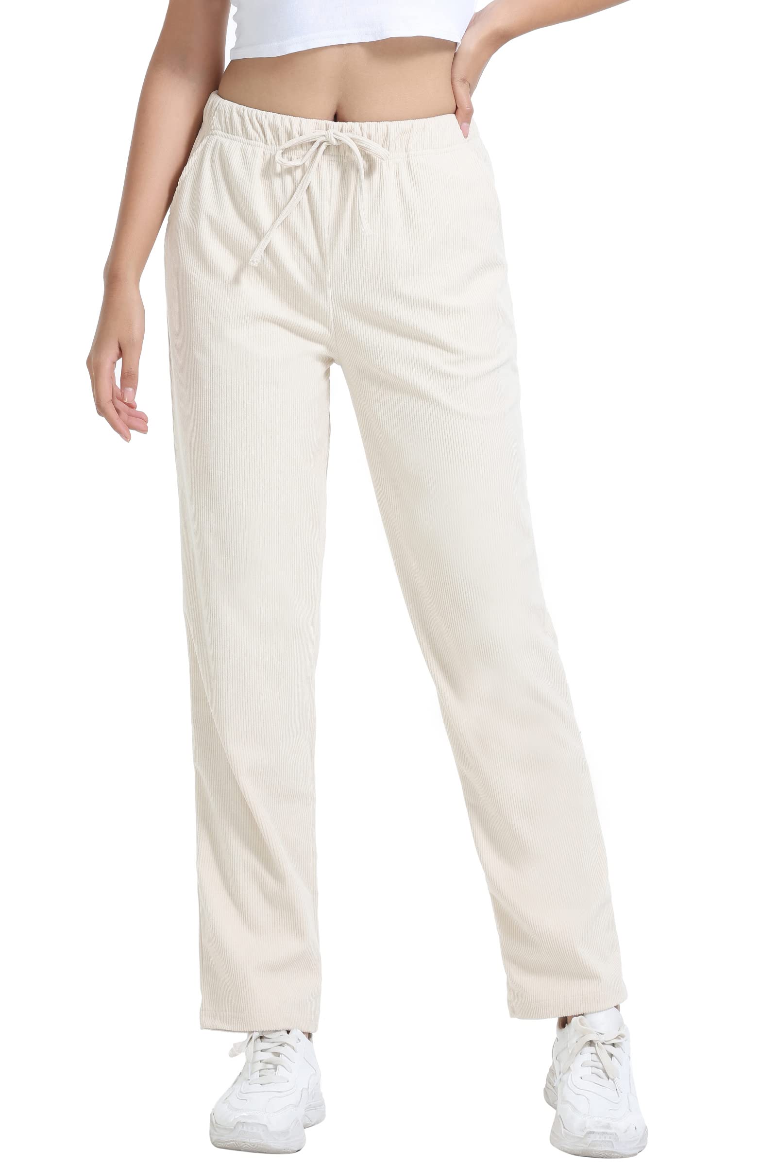 COZZIPLUS Womens Corduroy Pants Elastic Waist Drawstring Sweatpants Straight Leg Pull on Vintage Pants with Pockets