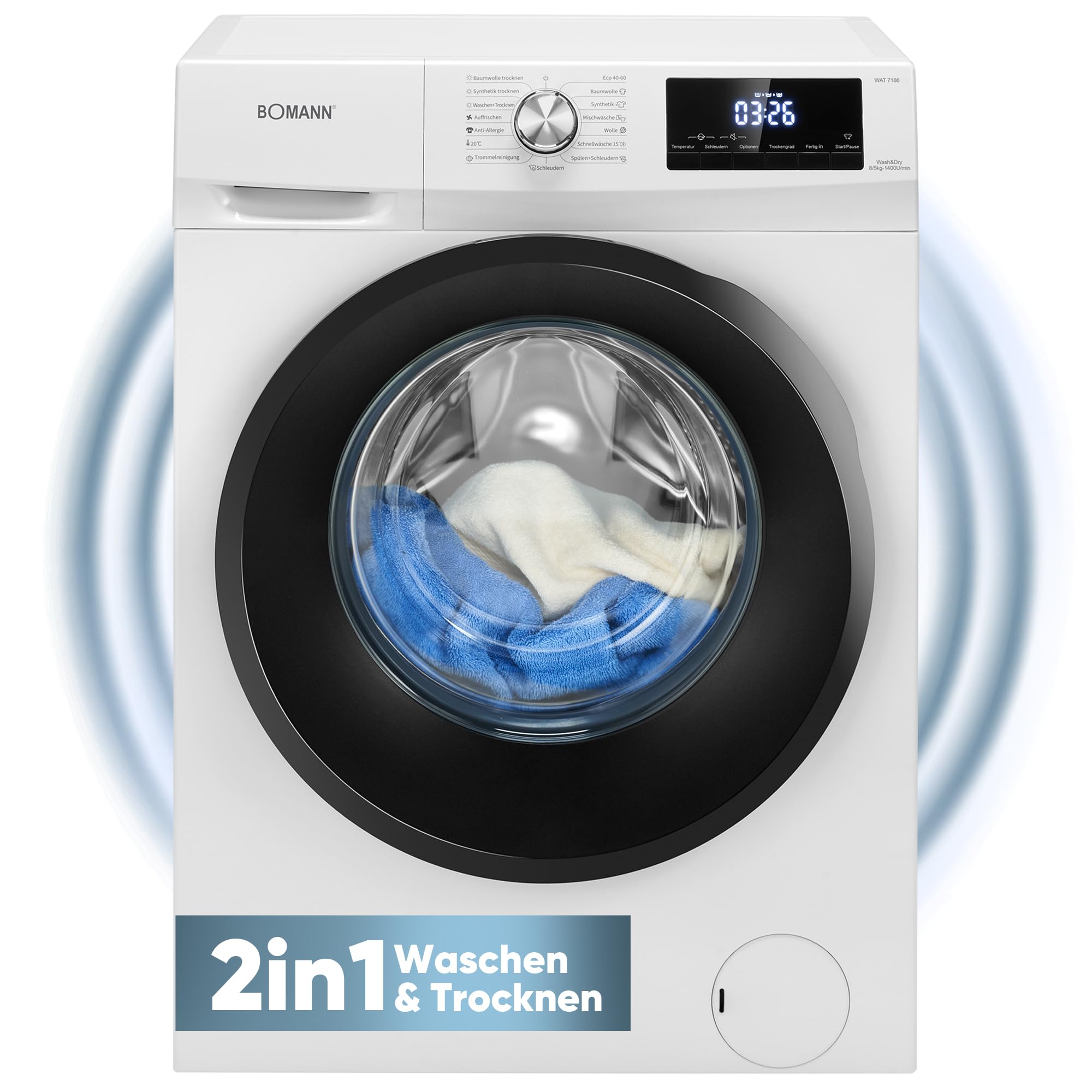 Bomann WAT 7186 Waschtrockner 8 kg Waschen 5 kg Trocknen 1400 U/Min Invertermotor weiß