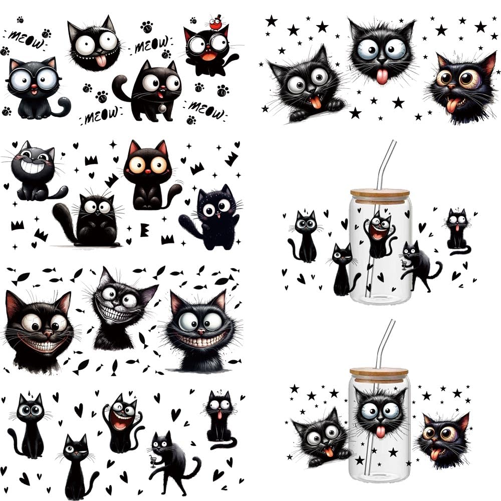 ORGSUMMER UV DTF Cup Wrap Transfer Stickers for Glass,5 Sheets Cute Cat Cup Rub on Transfers for Crafting Cup Decal Stickers for 16OZ Libbey Glass