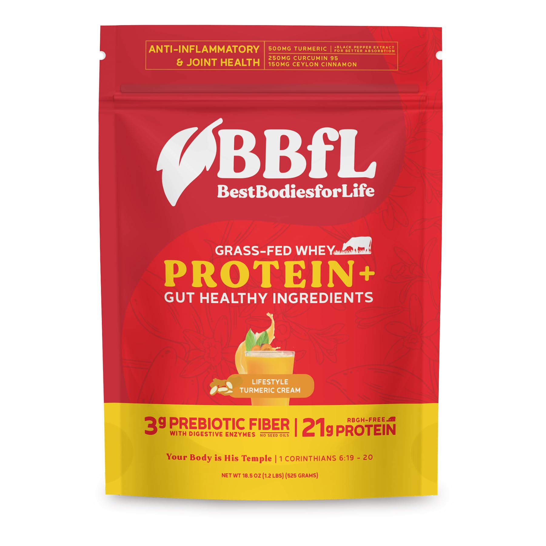BBfL Grass-Fed Whey Protein Shake – 21g rBGH-Free Protein, Turmeric + Curcumin 95% + Ceylon Cinnamon, Apple Cider Vinegar, Prebiotics, Digestive Enzymes, Supports Inflammatory Response – All-in-One Shake (15 Servings, Turmeric Cream)