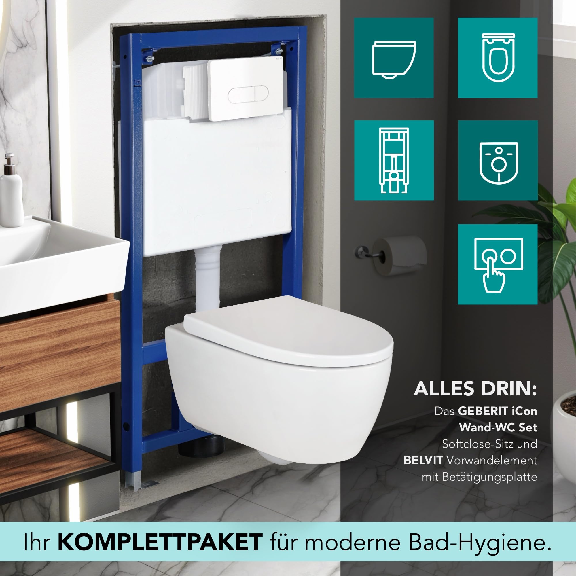 Belvit Geberit iCon Rimfree - Juego completo de inodoro de pared con asiento termoestable Belvit premontado, placa de accionamiento de 2 cantidades, insonorización, estructura de acero estable, color