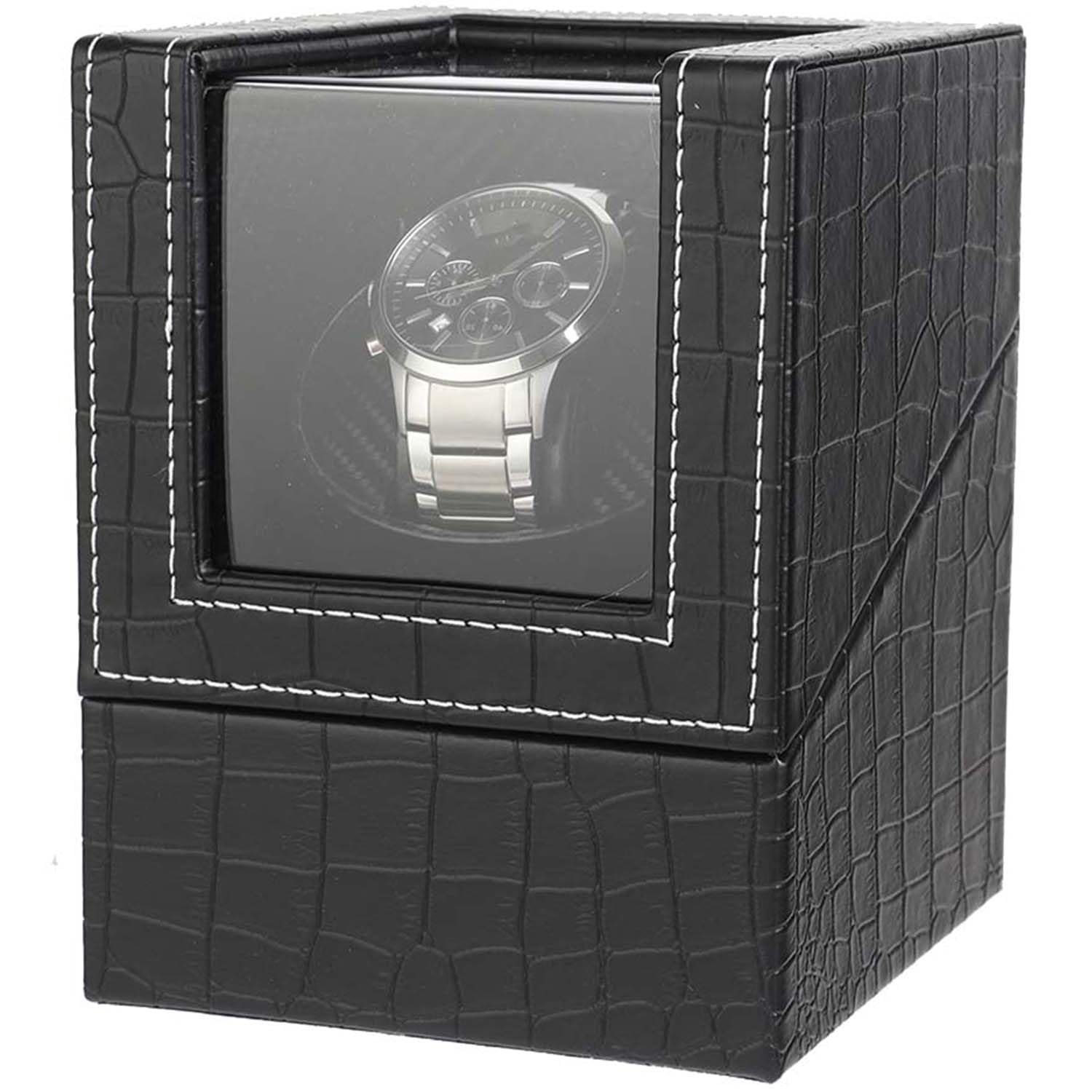 Single Watch Winder for Automatic Watches, Super Quiet, in Wood Shell and Black Leather/Carbon Fiber Leather, Japanese Motor