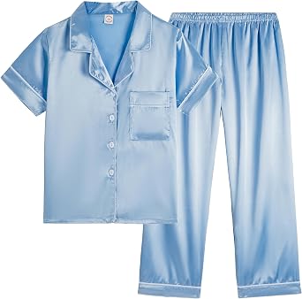 Vopmocld Button Down Satin Pajamas Kids Short Sleeve Long Pant Silky Pyjama | Button Down Silky Satin Pajama Sets for Kids, Unisex Colors for Boys and Girls, Ideal for Lounging and Sleeping or Party PJS