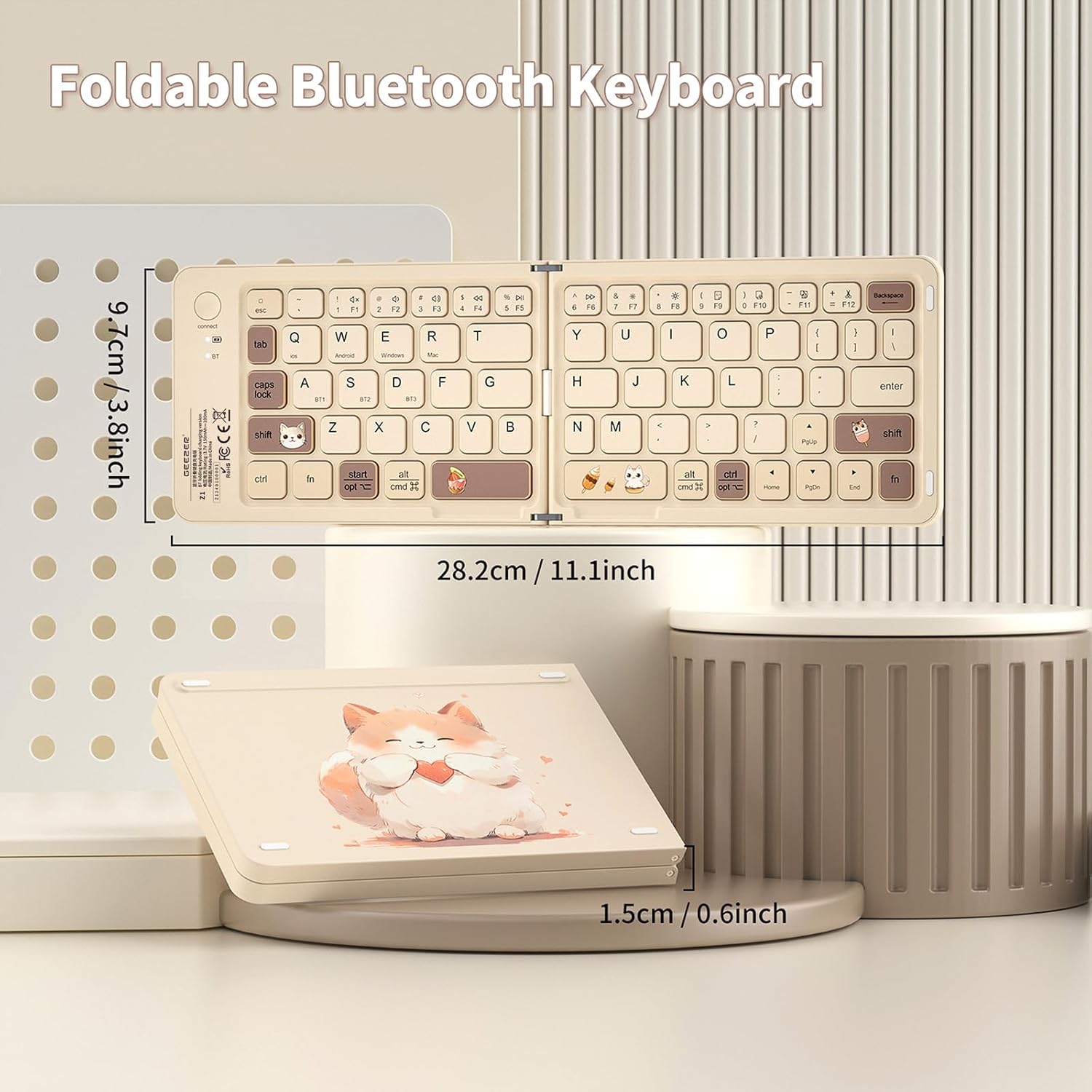 Foldable Mini Bluetooth Keyboard, Portable Compact Wireless Rechargeable Keyboard with 67 Slim Quiet Keys, Cute Pocket-Sized Travel Keyboard for iPad iPhone Android Tablet Mac Windows-Milk Tea Color