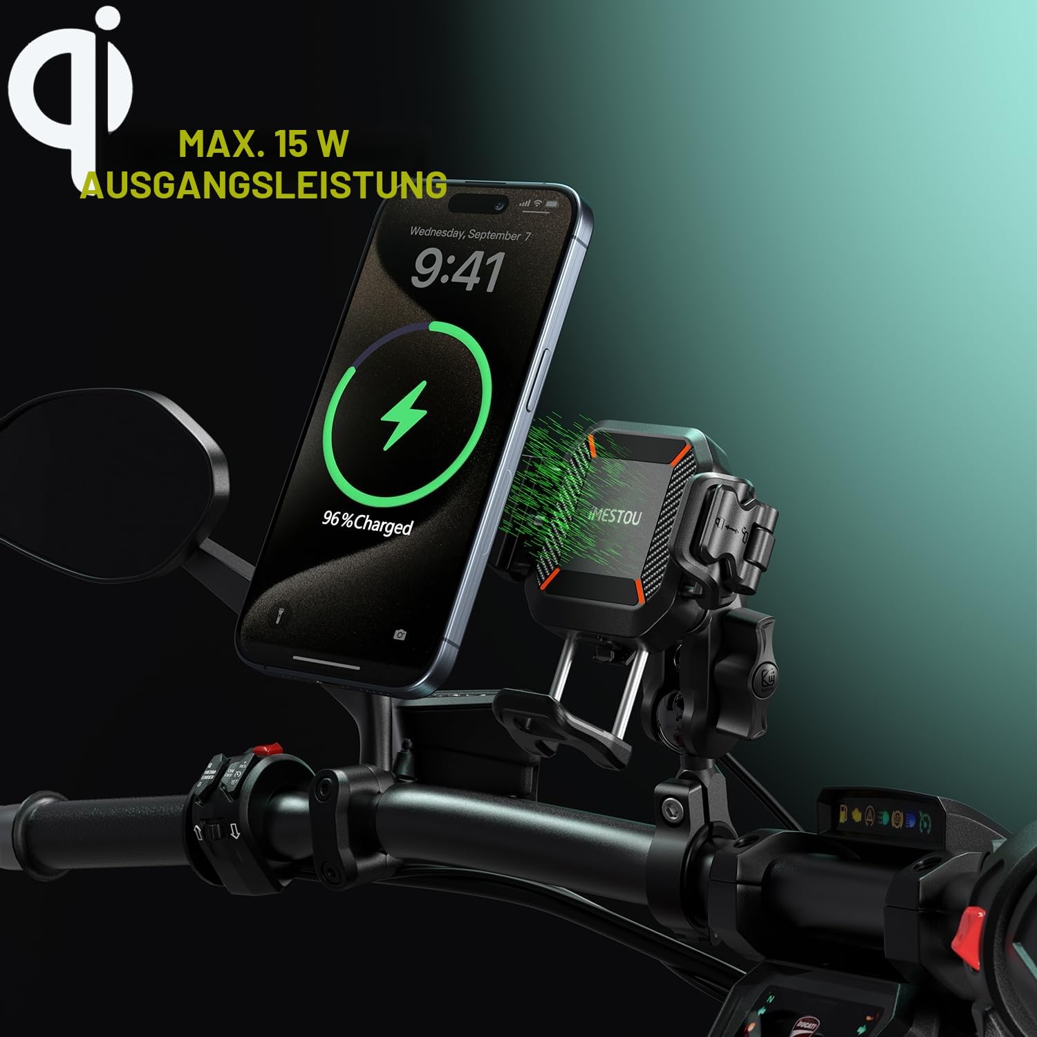 iMESTOU Kabellose USB-C Handyhalterung für Motorrad, Vibrationsdämpfend und Wasserdicht, 2,5 cm Kugel Qi Handyhalterung, Geeignet für 4,7"-7,2" mit max. 15mm Dicke Handys, Passend für 22–32 mm Lenker