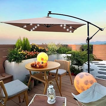 10x6.5FT Patio Umbrella, Outdoor Offset Umbrella with Cross Base and Crank, Rectangular Cantilever Umbrella with Solar Lights, Hanging Market Umbrella with 6 Rids for Pool, Deck, Backyard Mushroom