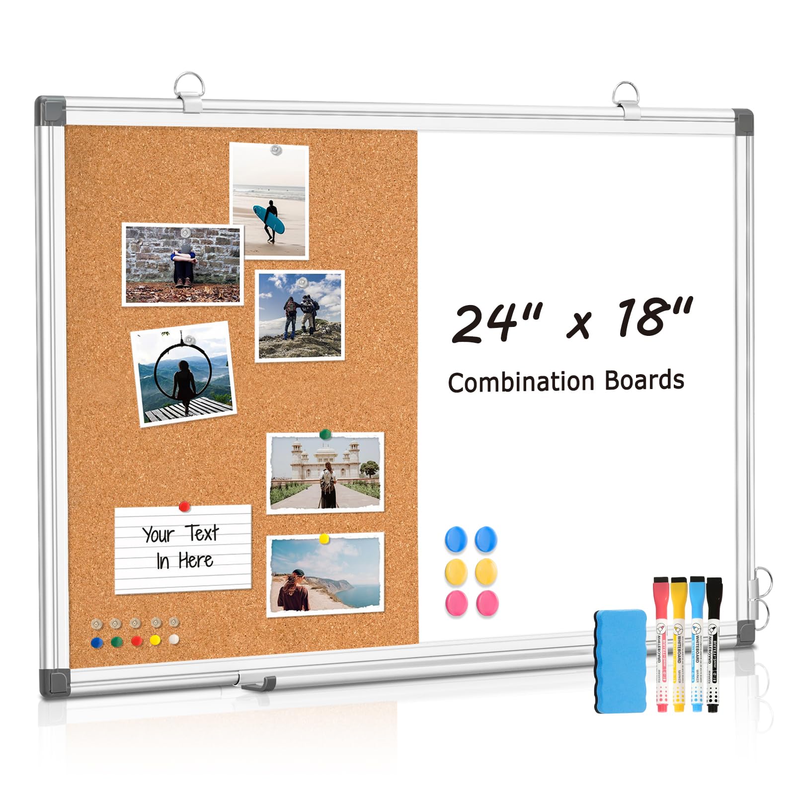 WALGLASS Combination Magnetic Whiteboard & Corkboard, 24"x18" Combo for School, Office & Home, Dry Erase Board with Removable Tray, Pins, Eraser,
