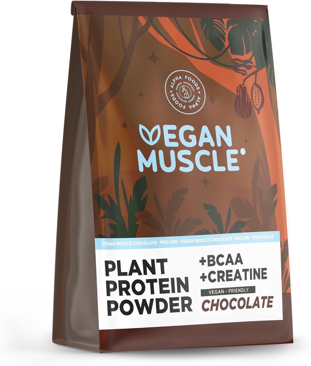 Alpha Foods Vegan Muscle Proteine poeder met Creatine en BCAA – Eiwitpoeder als maaltijd of ontbijtshake – Plantaardige Proteine Shake van gekiemde zaden – 600 gram voor 15 shakes met Chocolade smaak