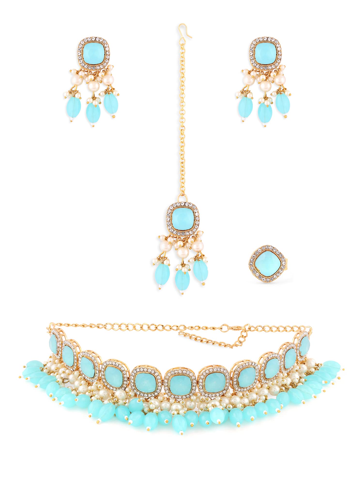 ZAVERI PEARLS Turquoise Blue Stones & Beads Ethnic Choker Necklace Earring Maangtikka & Ring Set For Women-ZPFK14707 (B0BCGSPDKB) Amazon Price History, Amazon Price Tracker