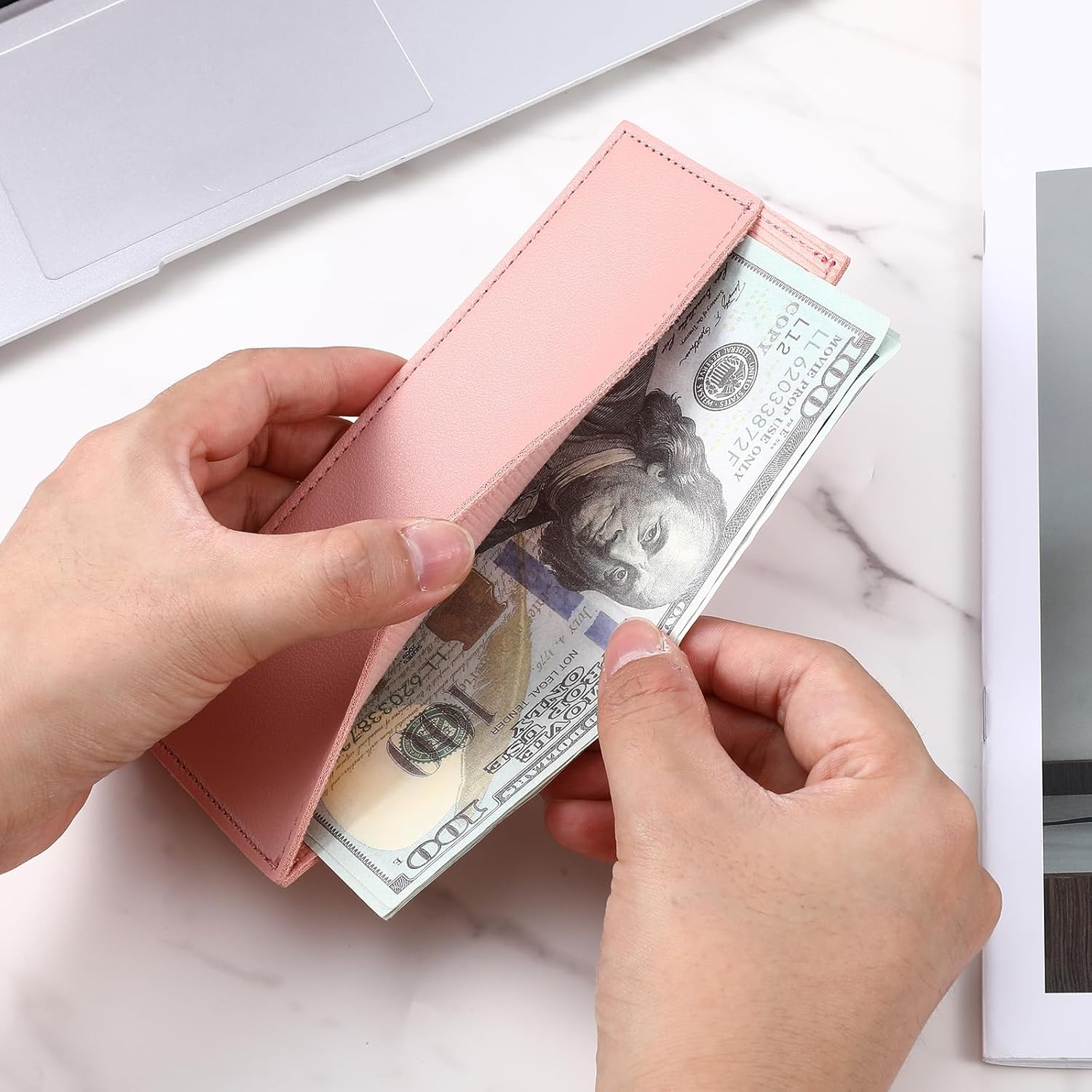 Cash Holder, PU Leather Wallet Reusable Money Clip Card Organizer for Women & Men - Budget Bill Receipt Pocket, Pink - Image 4