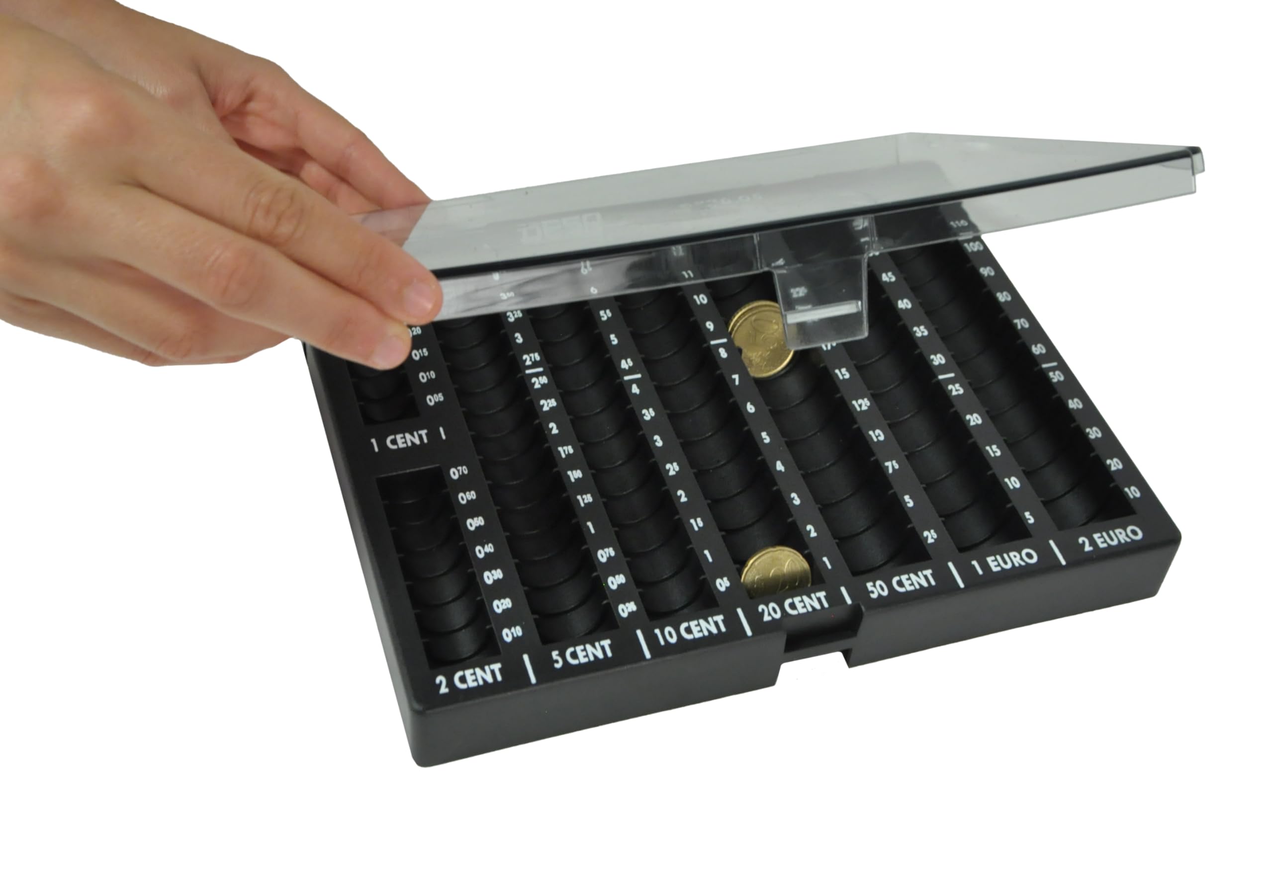 DESQ® Unité de tri de monnaie avec couvercle, adaptée pour les pièces en centimes et en euros, 8 compartiments, capacité de pièces de 226,05 €