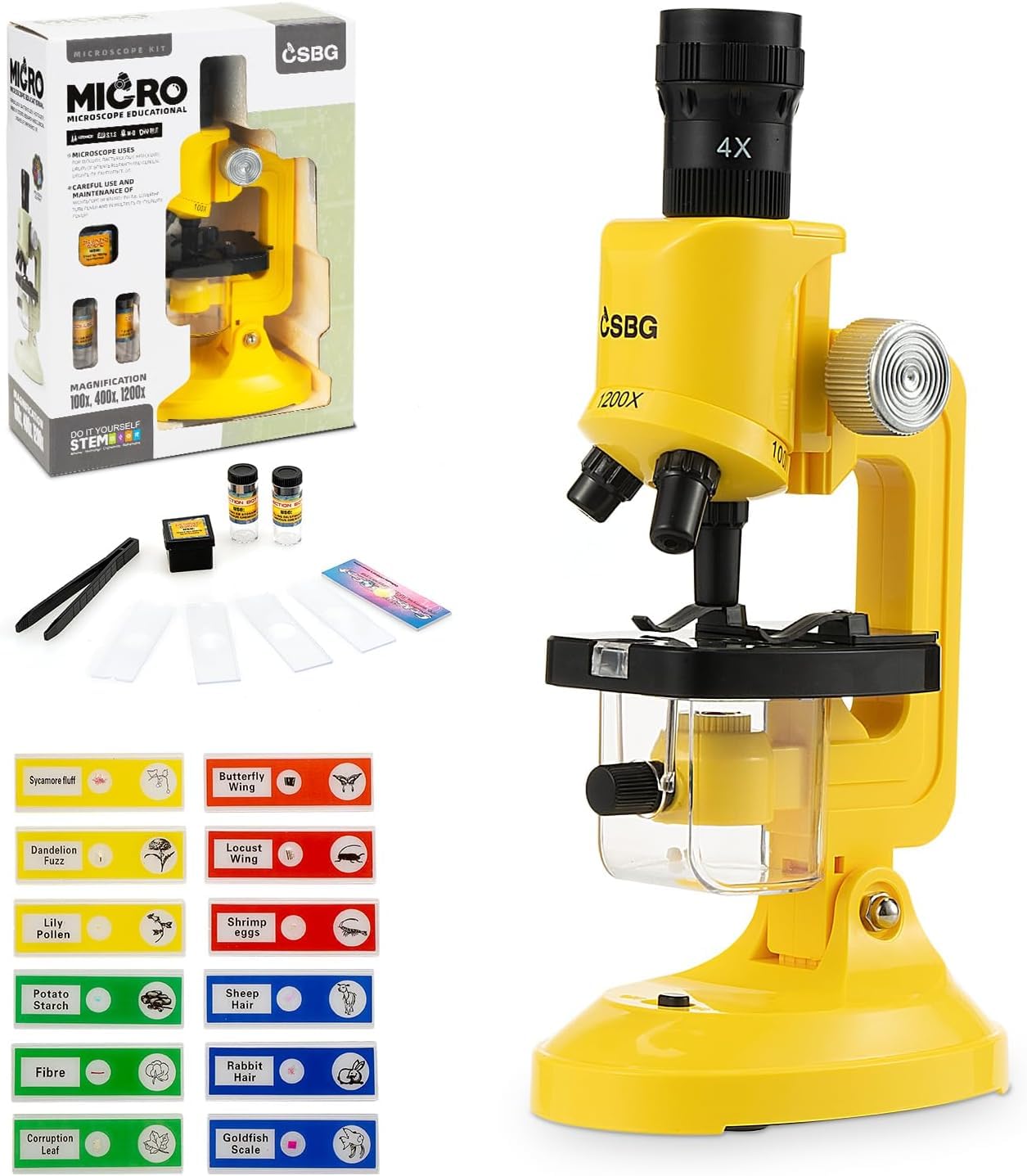 Kids Microscope, Microscope for Kids Portable Microscopes Kid Educational Science Kit for Kid Beginner Microscopes 100X 400X and 1200X Incl Sample Prepared Slides 12pcs Educational Toy, Yellow