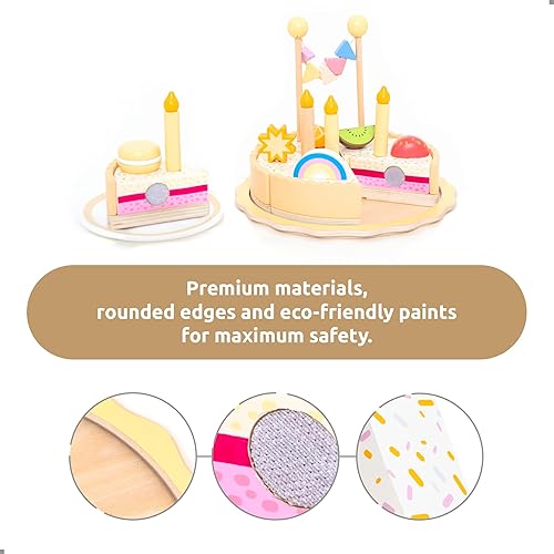 Miniatura 2 de UMU Juego de pastel de cumpleaños de madera, juguete de cocina con velas, números, frutas y coberturas, comida de madera para niños de 3, 4, 5 años,