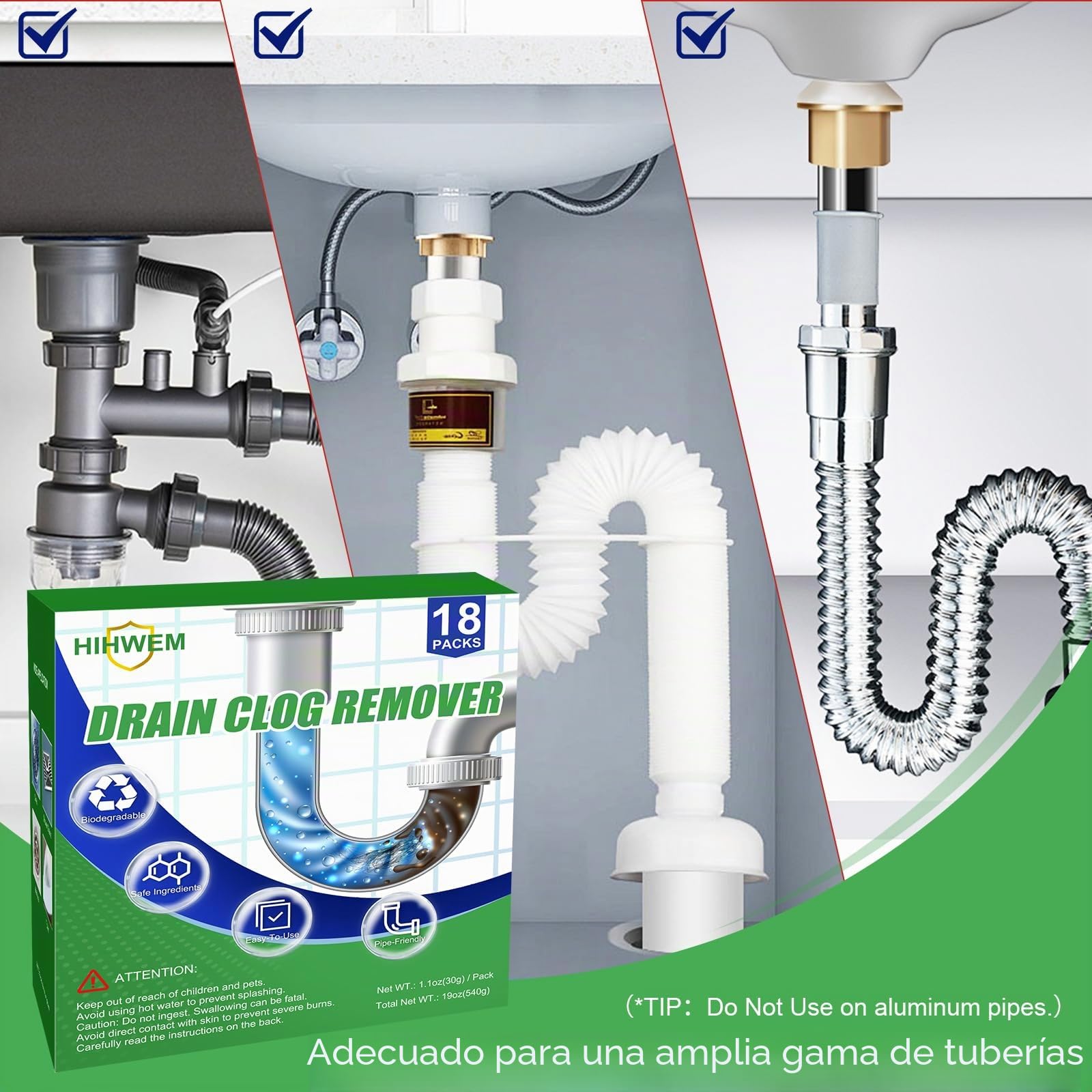 Paquete de 18 removedores de obstrucciones de drenaje, limpiador de drenaje resistente para cabello y grasa, potente desatascador de fregadero y ducha, fórmula segura para tuberías para un uso fácil