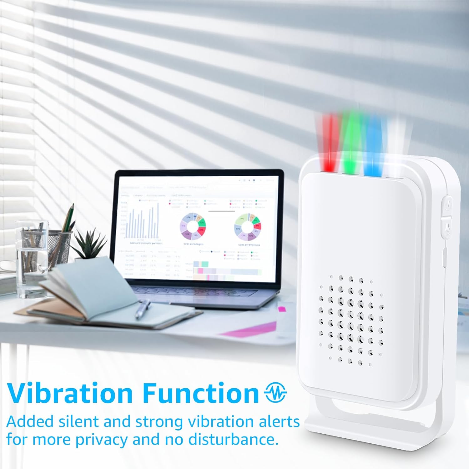 NineLeaf receiver on a desk with a laptop, highlighting the vibration function