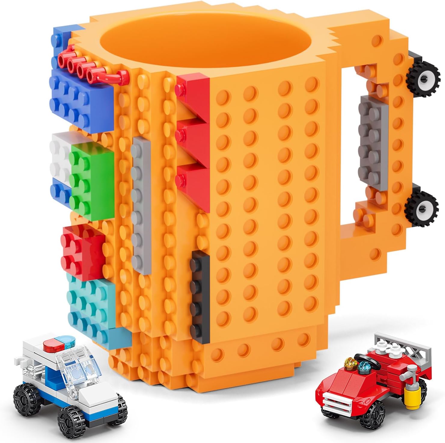 DAYMOO Build-on Brick Mug,Funny Creative DIY building Blocks Cups with 3 packs of Blocks,Unique Coffee Cup For Christmas gifts,Compatible with Lego (Orange)