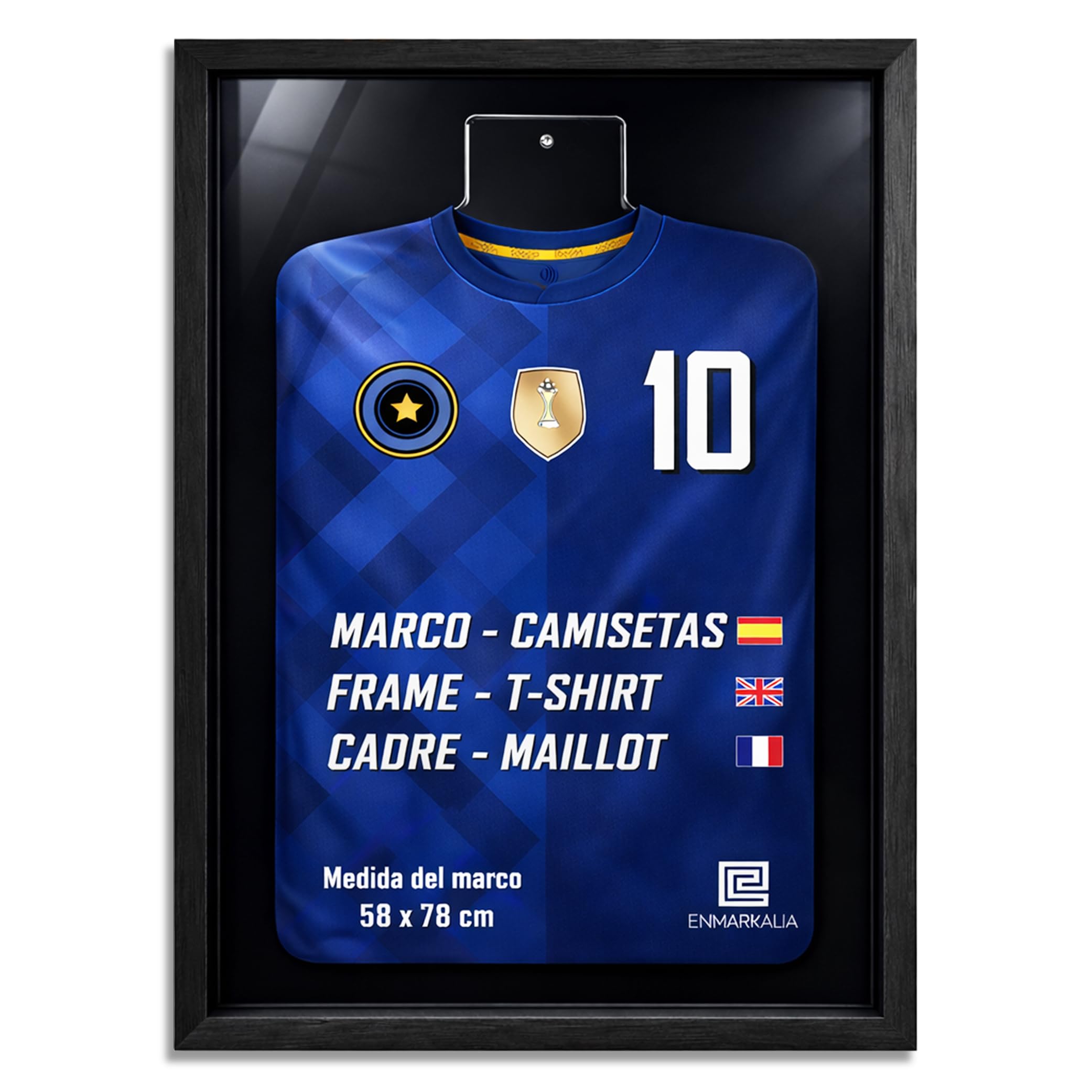 Marco para Camiseta de Fútbol 58x78 cm con soporte de Metacrilato – Cuadro para Camisetas Firmadas y Deportivas – Expositor para Camisetas de Deporte – Fácil Montaje – Marco Negro con fondo negro