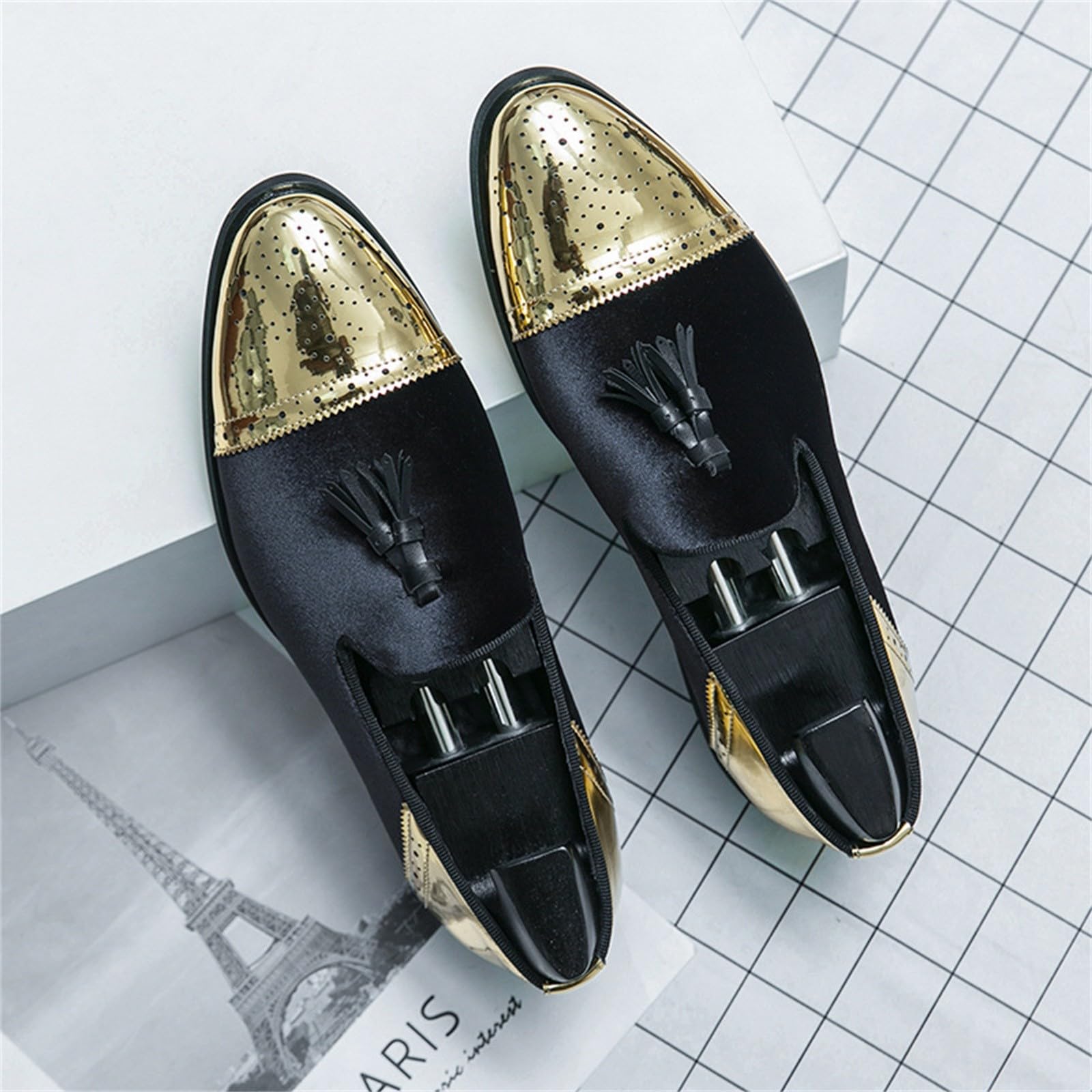 Mocasines de terciopelo para hombre, con borlas, dorados, metalizados, elegantes, sin cordones, para bodas, bailes de graduación y eventos de alfombra roja, Black, 41 1/3 EU