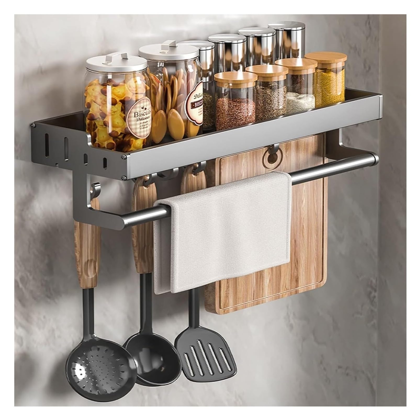 FYIYIEW spice rack, Kitchen Rack Wall Mount Spice With Bar And Hook Storage Shelf Shelves Organizer