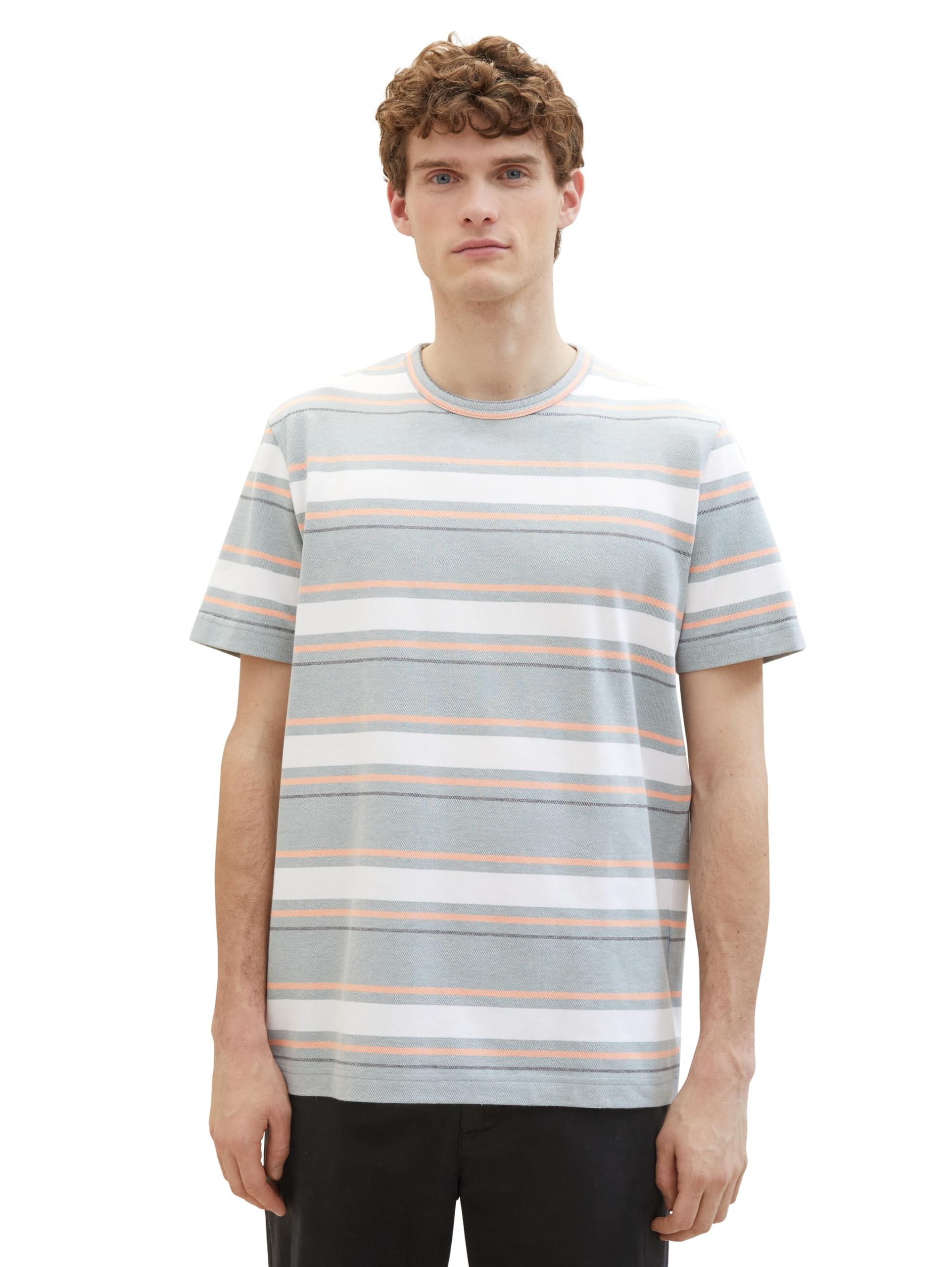 TOM TAILOR Herren T-Shirt mit Streifen aus Piqué, 35041 - Mint Grey Multi Stripe, XL