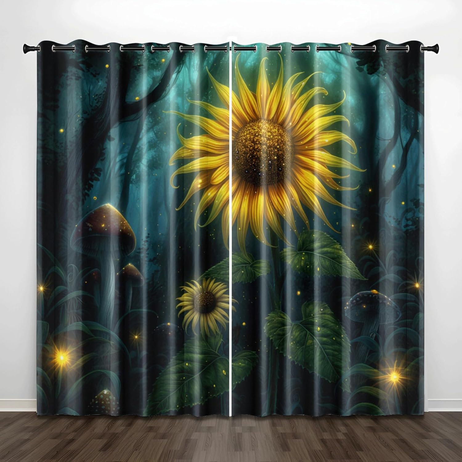 Blackout Curtains Sunflower Green Yellow Living Room for Bedroom Polyester Washable Thermal Insulated Noise Reducing with Eyelets Door Curtain 2 Panels 2x85x200 cm(2 x 43.31 x 84.65 inch)