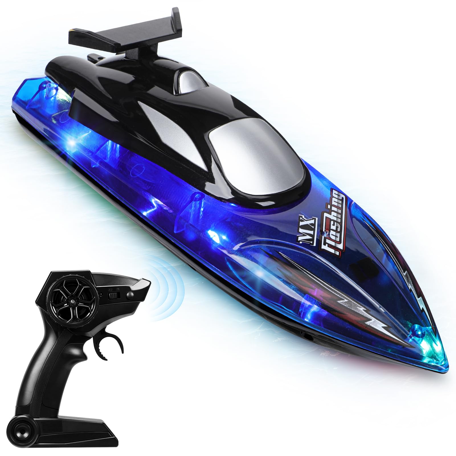 Barco RC para Niños con Luces LED, Control 2.4 GHz, 2 Baterías Recargables, Alarma de Batería Baja, Juguete Acuático para Piscinas y Lagos, Niños de 8 a 12 Años