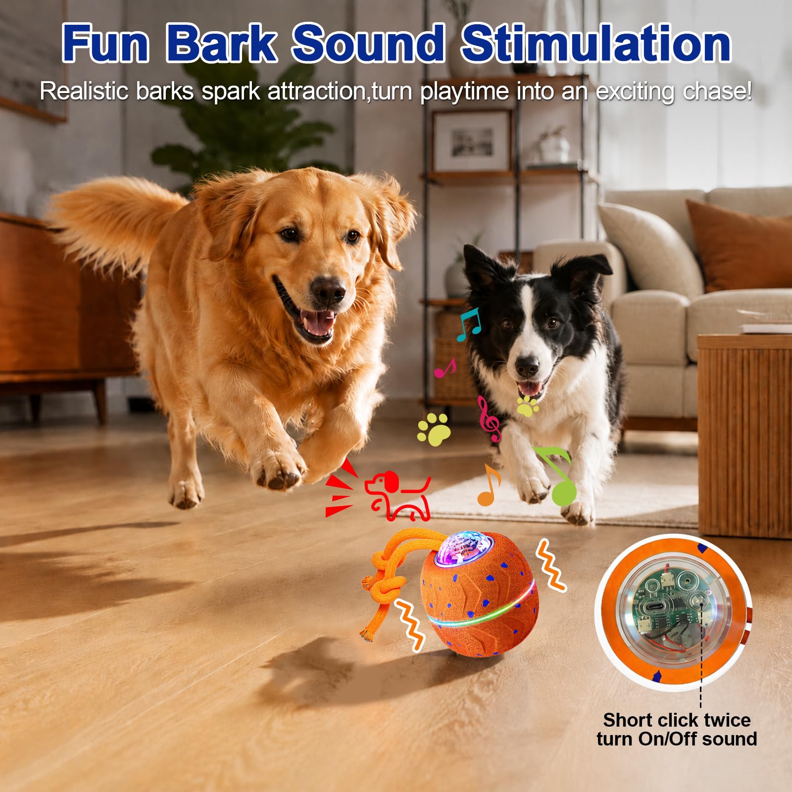 Palla giocattolo interattiva per cani, palla elettrica per cani con corda e urlo per cani, ricaricabile con USB-C e luce LED, giocattolo intelligente per cani con 3 modalità di gioco, adatto per cani
