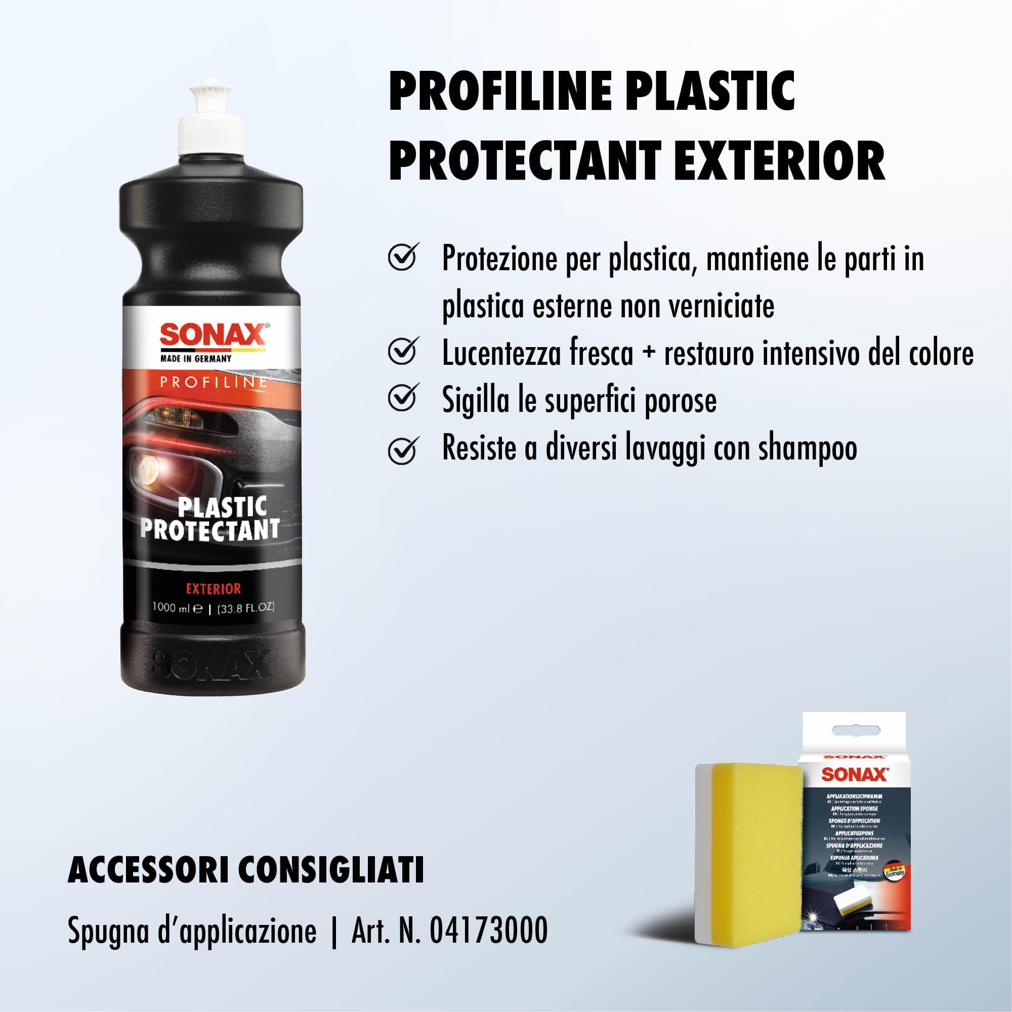 SONAX PROFILINE Plastic Protectant Exterior (1 Litro) efficace gel ripristina il colore di parti in plastica non verniciate. Adatto anche a parti in gomma | Art. N. 02103000