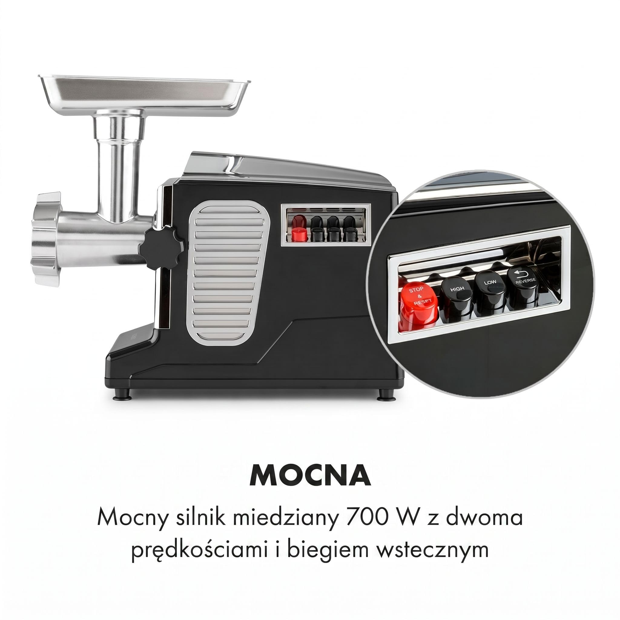 Klarstein Kraftprotz - Elektryczna maszynka do mielenia mięsa, Moc: 700 W, Moc blokowania: 1800 W, 2 prędkości i bieg wsteczny, Misa aluminiowa, Nóż ze stali nierdzewnej, czarno-srebrna