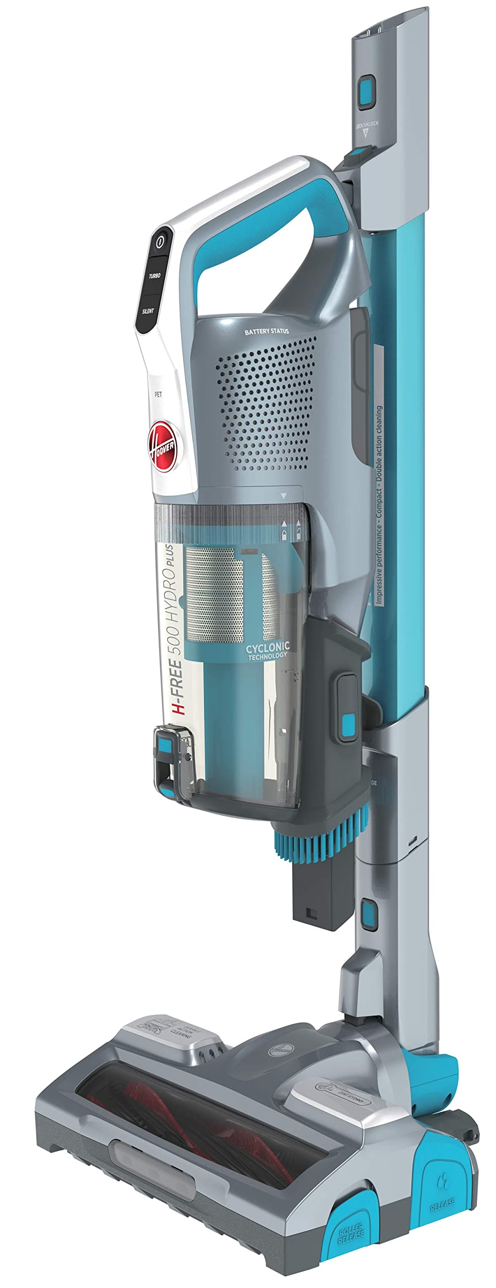 Hoover H-Free 500 Hydro Plus Akku Saugwischer mit Licht – 3-in-1 Staubsauger mit Wischfunktion & Handsauger – 30 Min. Laufzeit – mit Staubbürste, Fugendüse & Minidüse – Wischsauger mit Parkfunktion