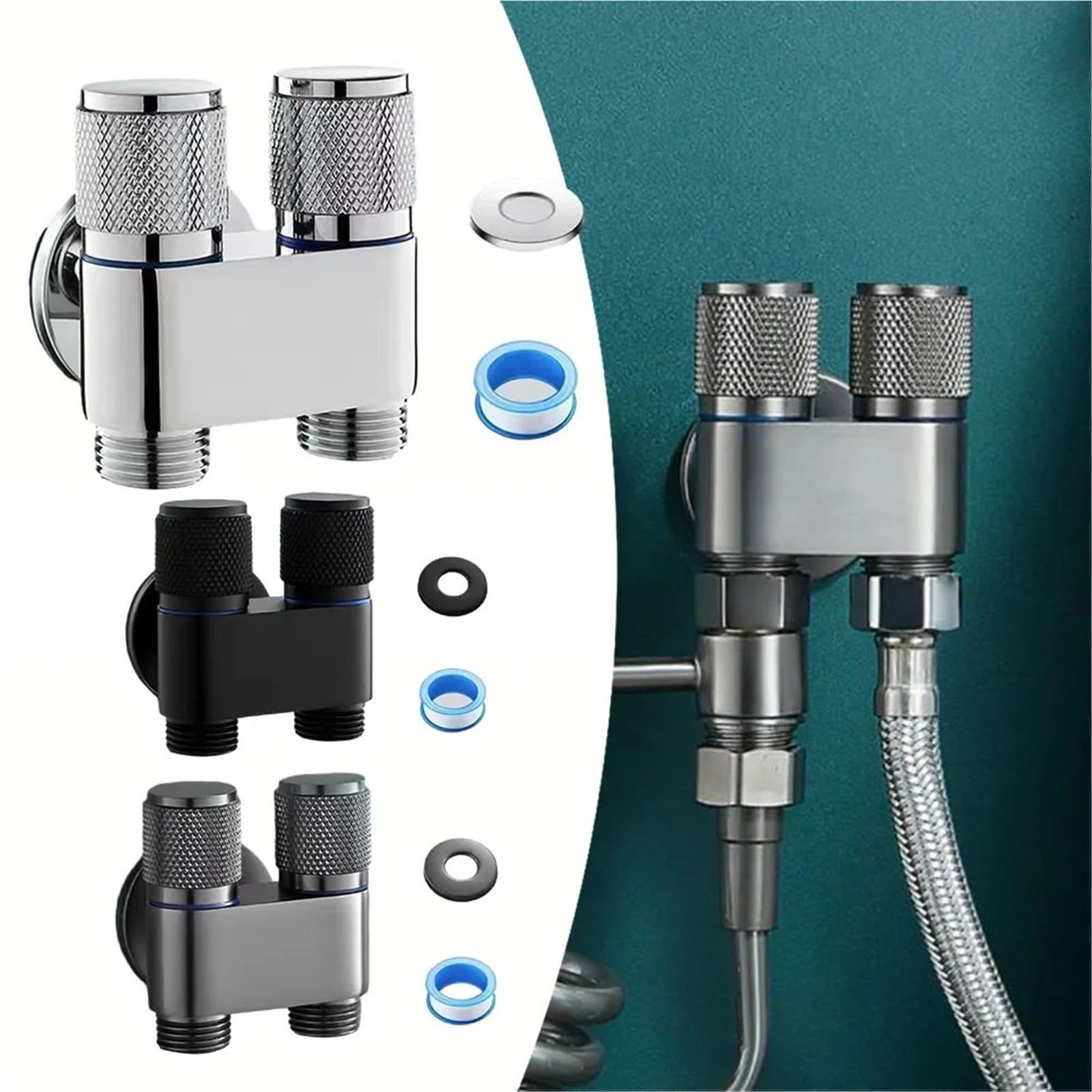 Grifo de Lavadora con Doble Control, válvula Triangular para Inodoro, Fregadero de Cocina, Lavabo de baño, G1/2, 1 Entrada y 2 Salidas (Negro)