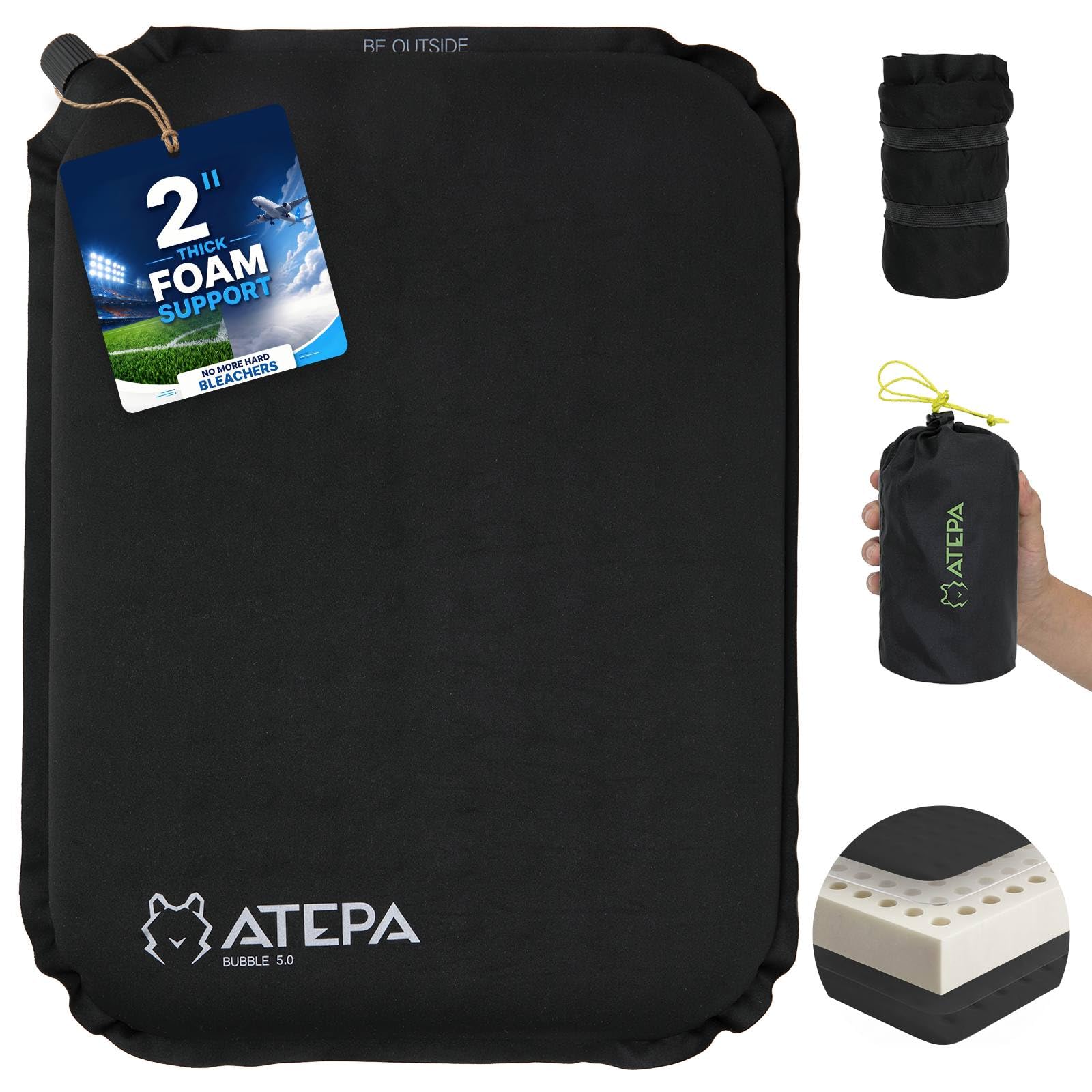 Photo 1 of ATEPA Inflatable Seat Cushion, Portable Self-Inflating Seat Cushion for Stadium Airplane Air Travel Bleacher Camping, Blow Up Foam Seat Pad for Outdoor Sports Events, Black
