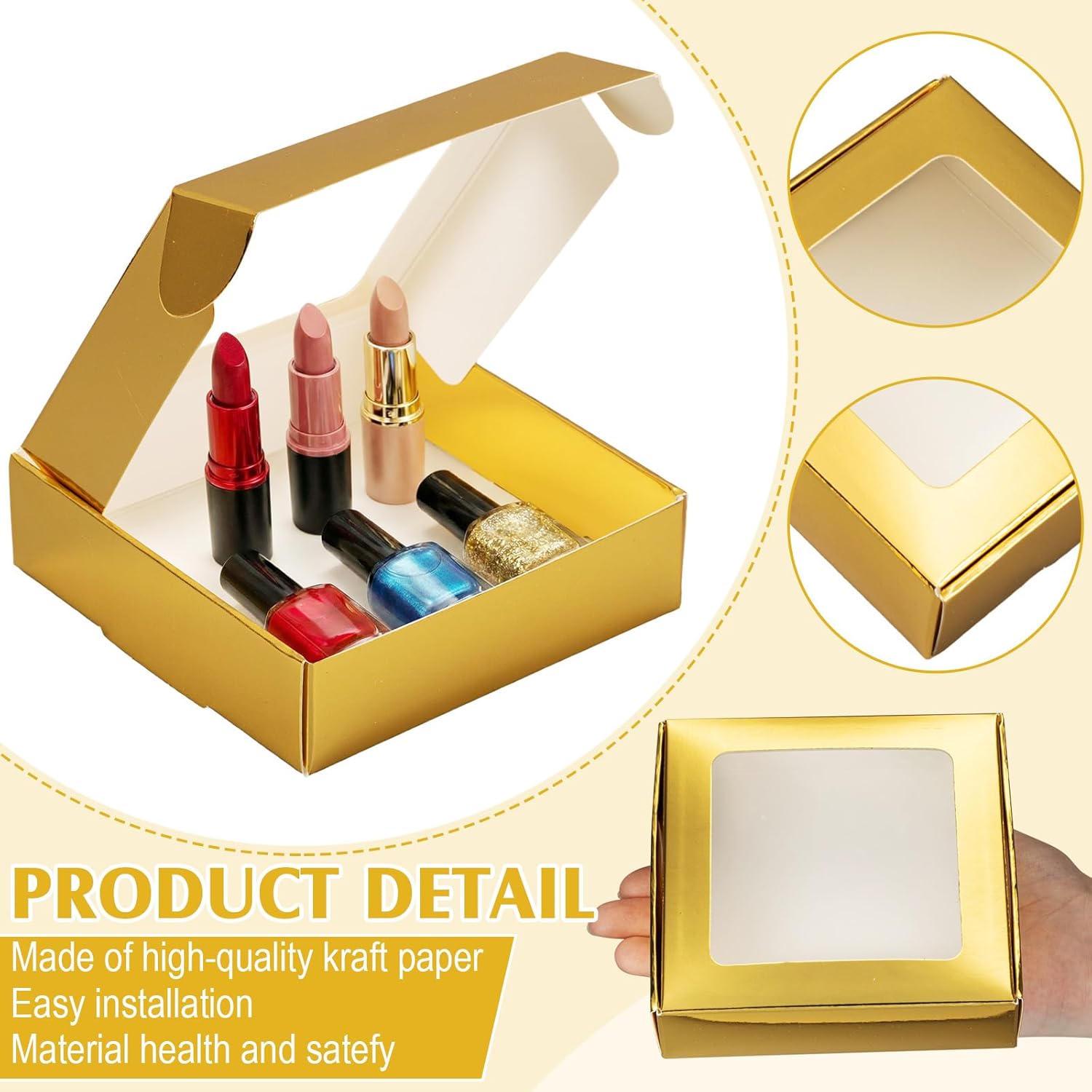 Zonon 60 Pcs Kraft Paper Boxes with Window 4.13 x 4.13 x 1.18 Inch Candy Packaging, Small Gift Boxes, Soap holder, Mini Treat Packaging for Bakery Chocolate Jewelry Display (Gold)